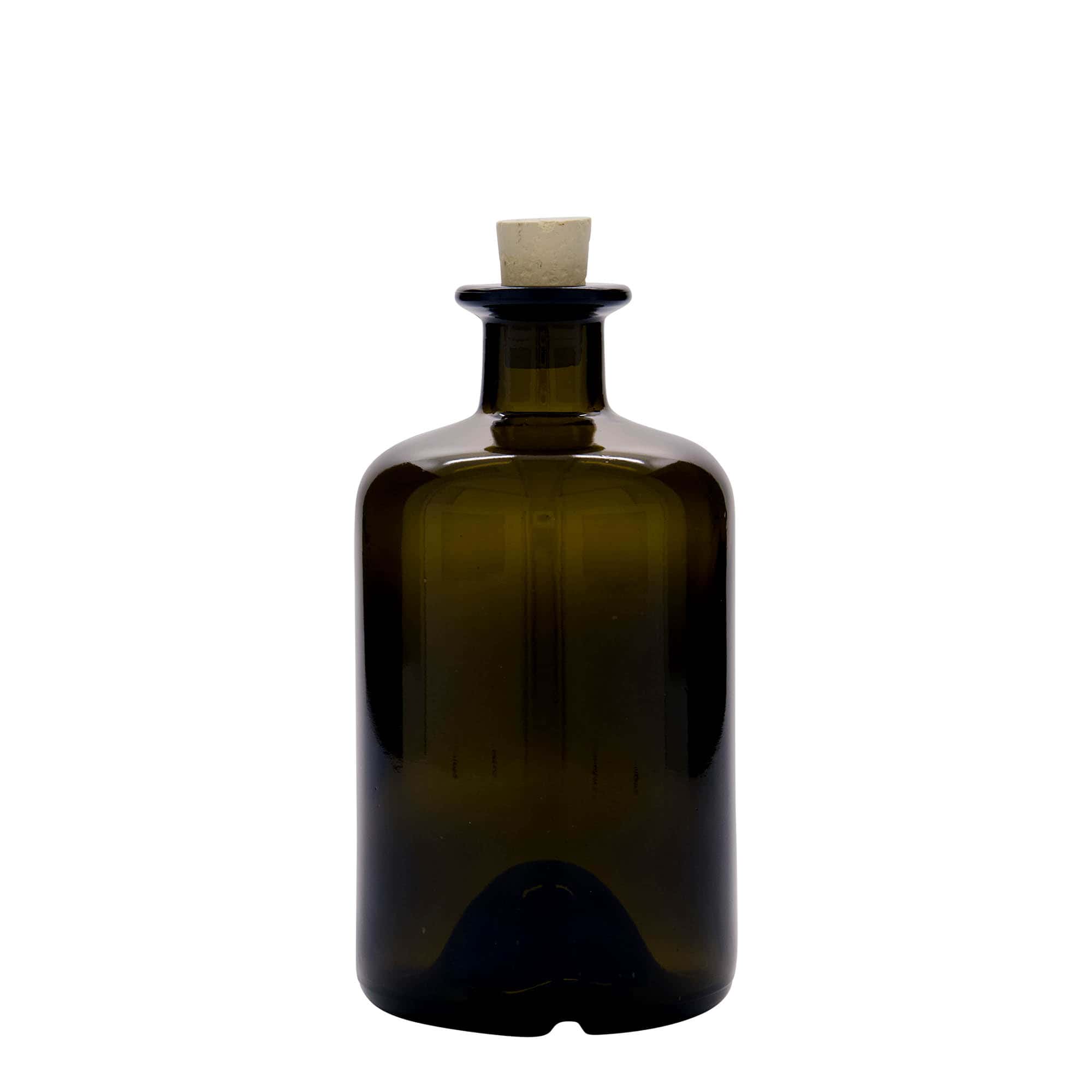 500 ml sklená fľaša lekárnická, antická zelená farba, hrdlo: korok