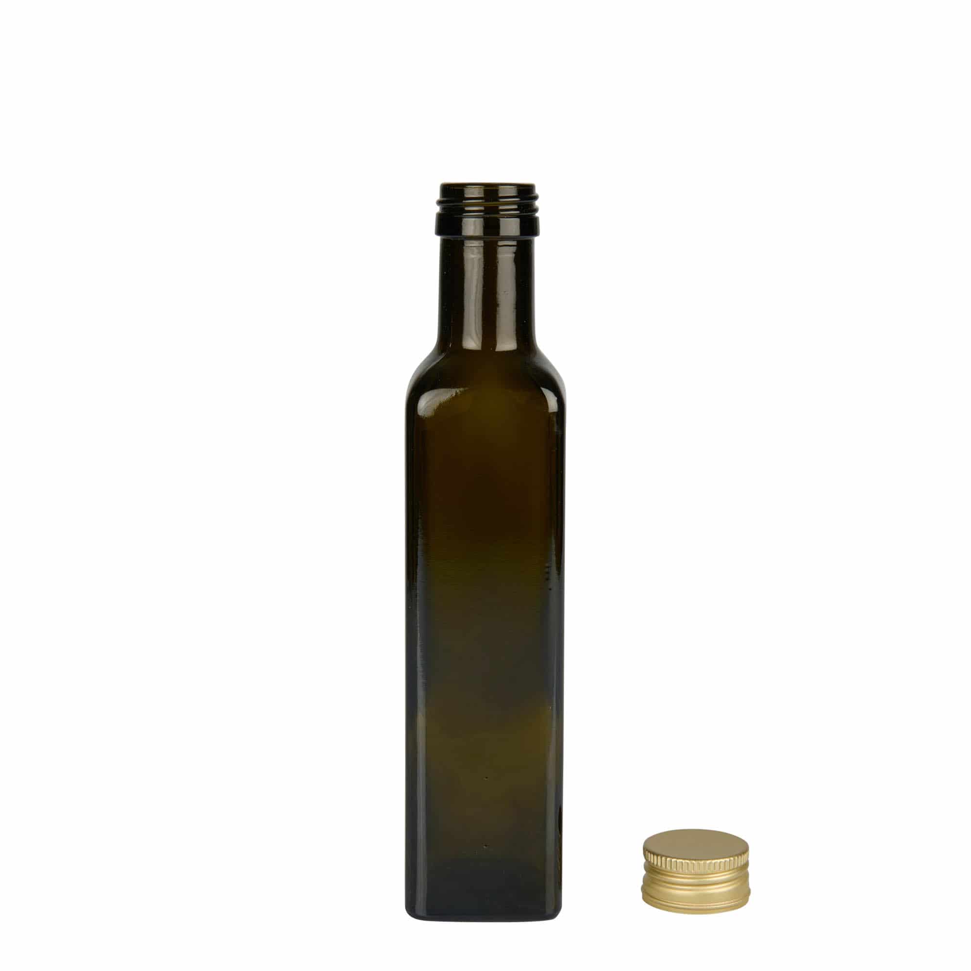 250 ml sklená fľaša „Marasca“, štvorcová, antická zelená farba, hrdlo: PP 31,5