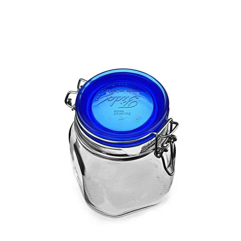 750 ml pohár so strmeňovým uzáverom „Fido“ Blue Top, štvorcový, hrdlo: strmeňový uzáver