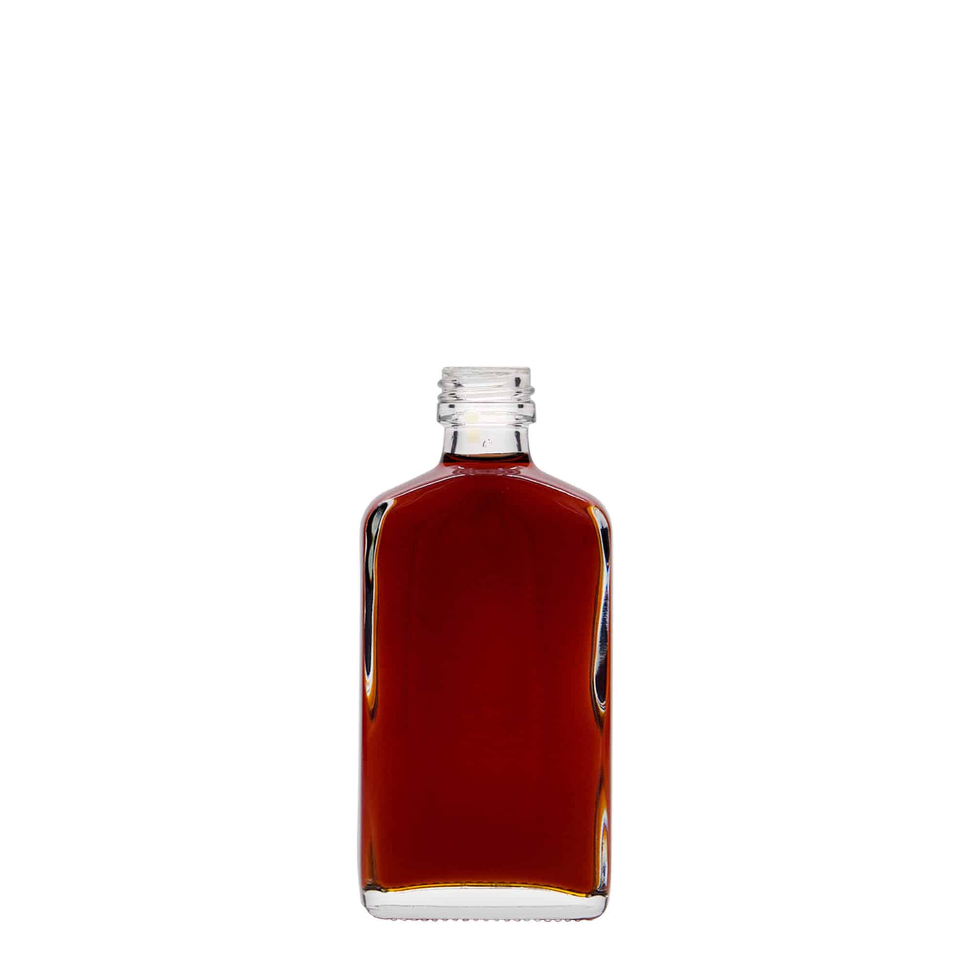 50 ml vrecková fľaša, obdĺžniková, sklená, hrdlo: PP 18