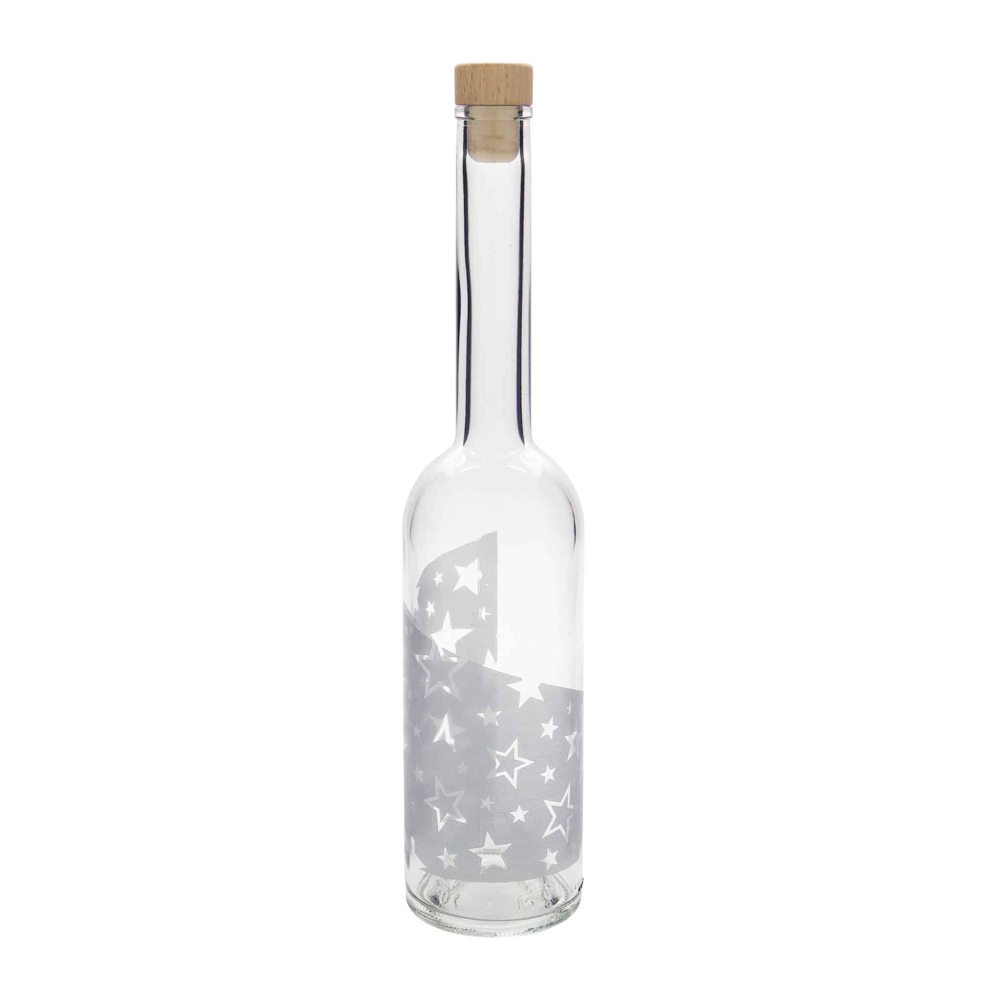 500 ml sklená fľaša „Opera“, motív: strieborné hviezdy, hrdlo: korok