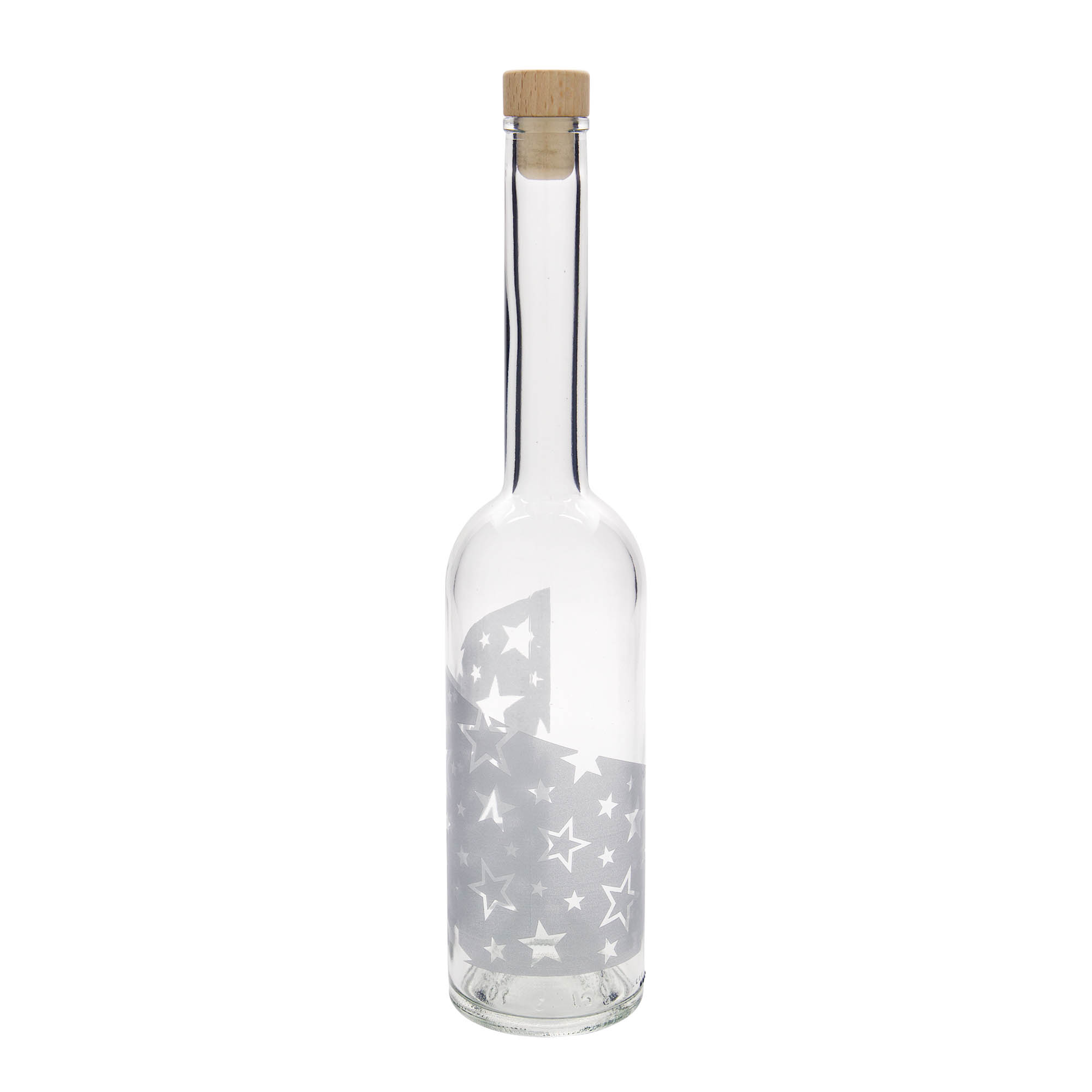 500 ml sklenená fľaša 'Opera', motív: strieborné hviezdy, hrdlo: korok 500 ml sklenená fľaša 'Opera', motív: strieborné hviezdy, hrdlo: korok