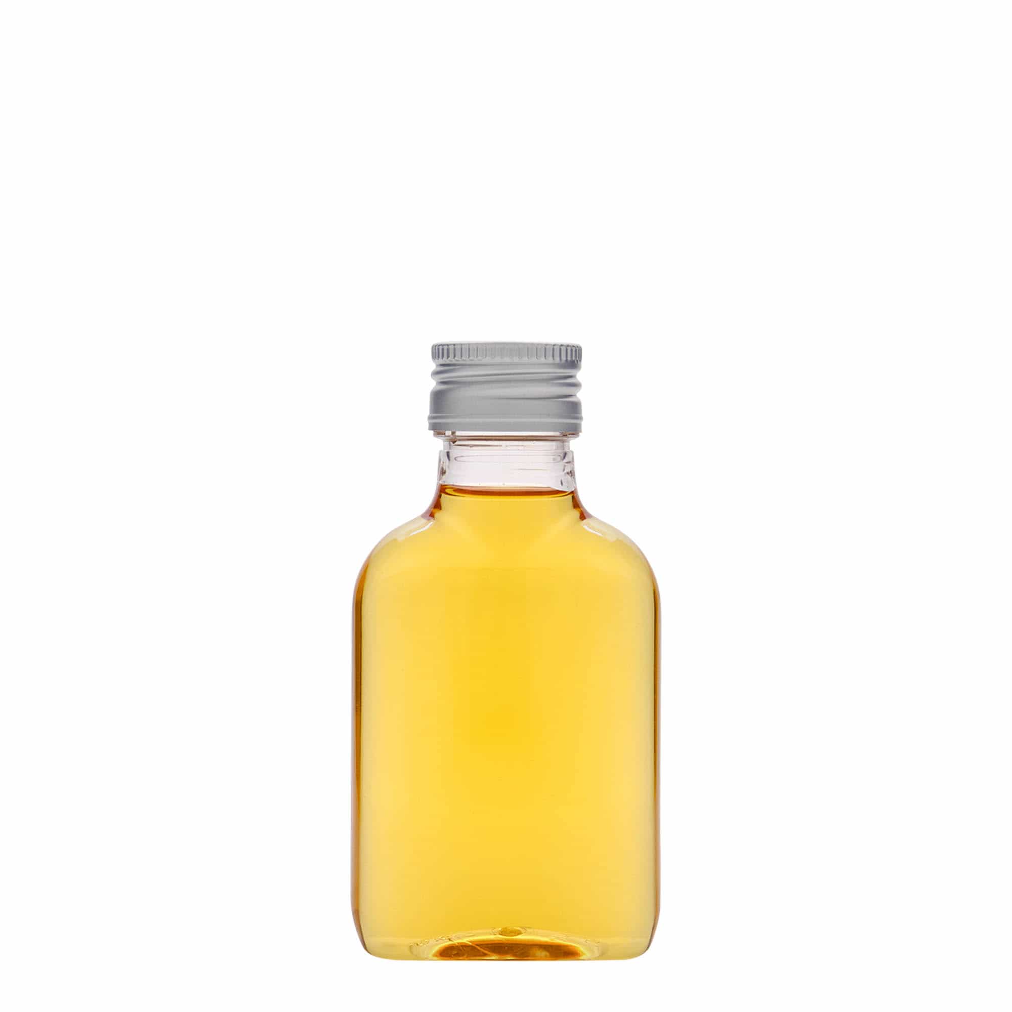 100 ml vrecková fľaša, oválna, PET plast, hrdlo: PP 28