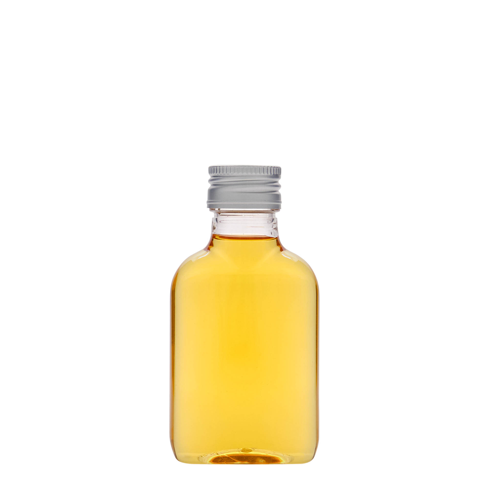 100 ml vrecková fľaša, oválna, PET-plast, hrdlo: PP 28