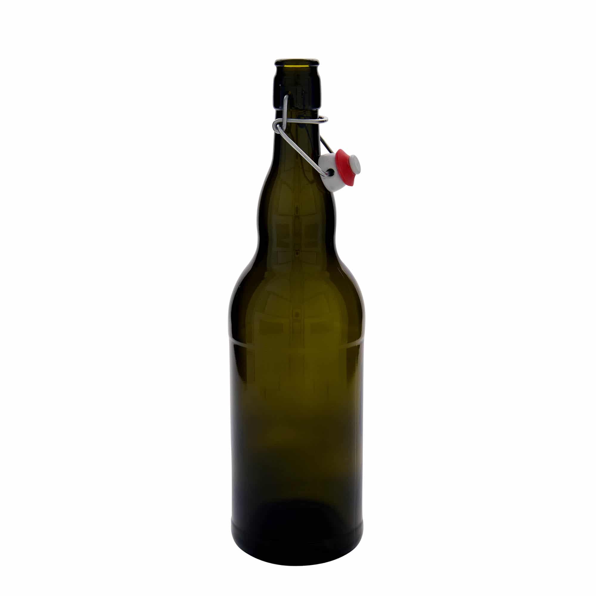 1 000 ml fľaša na belgické pivo, sklená, antická zelená farba, hrdlo: strmeňový uzáver