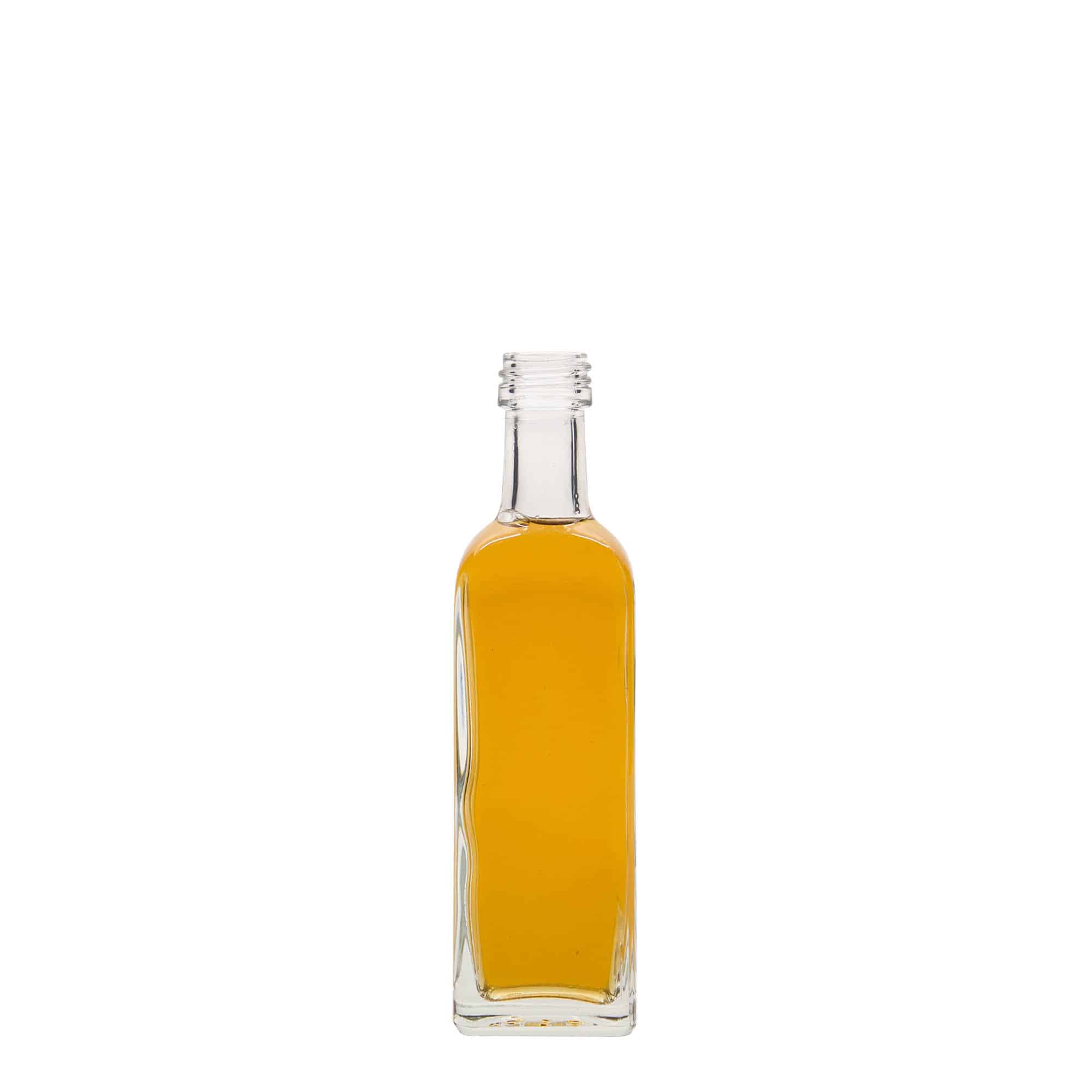 60 ml sklená fľaša „Marasca“, štvorcová, hrdlo: PP 18