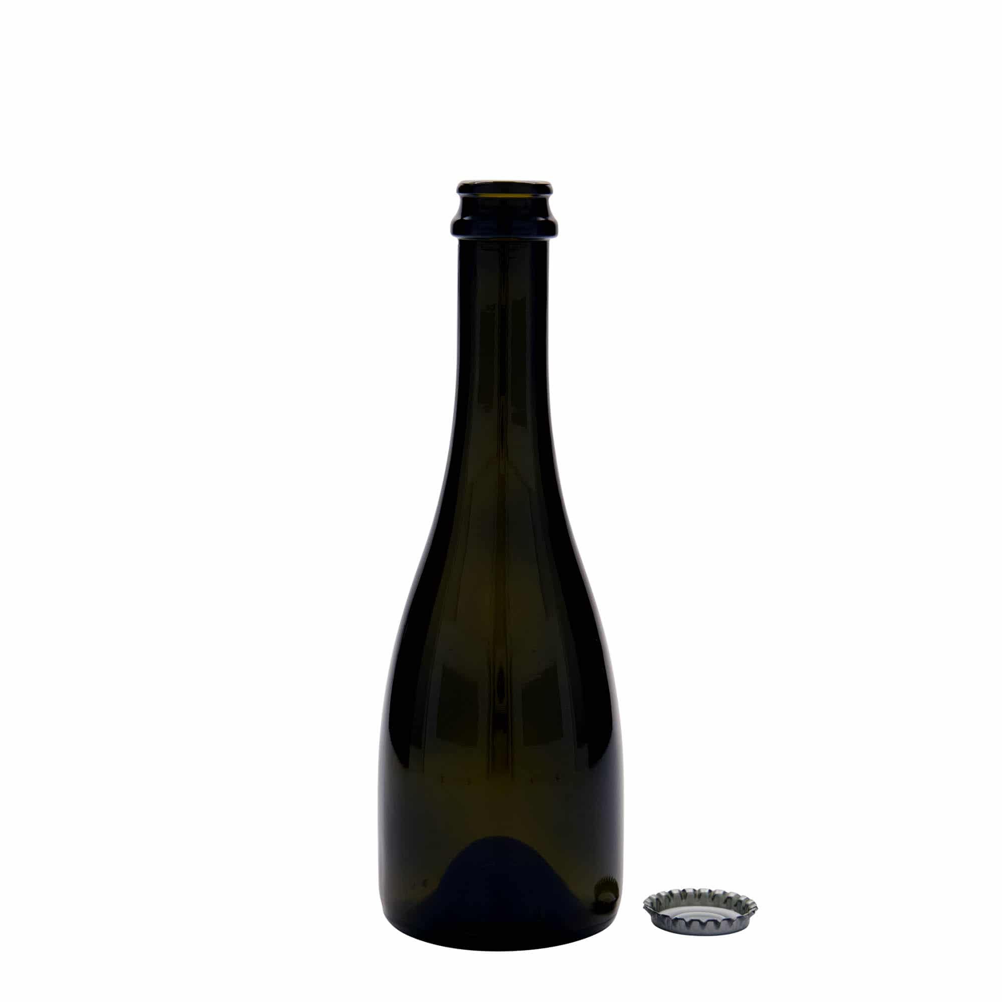 330 ml fľaša na pivo/sekt „Tosca“, sklená, antická zelená farba, hrdlo: štupeľ