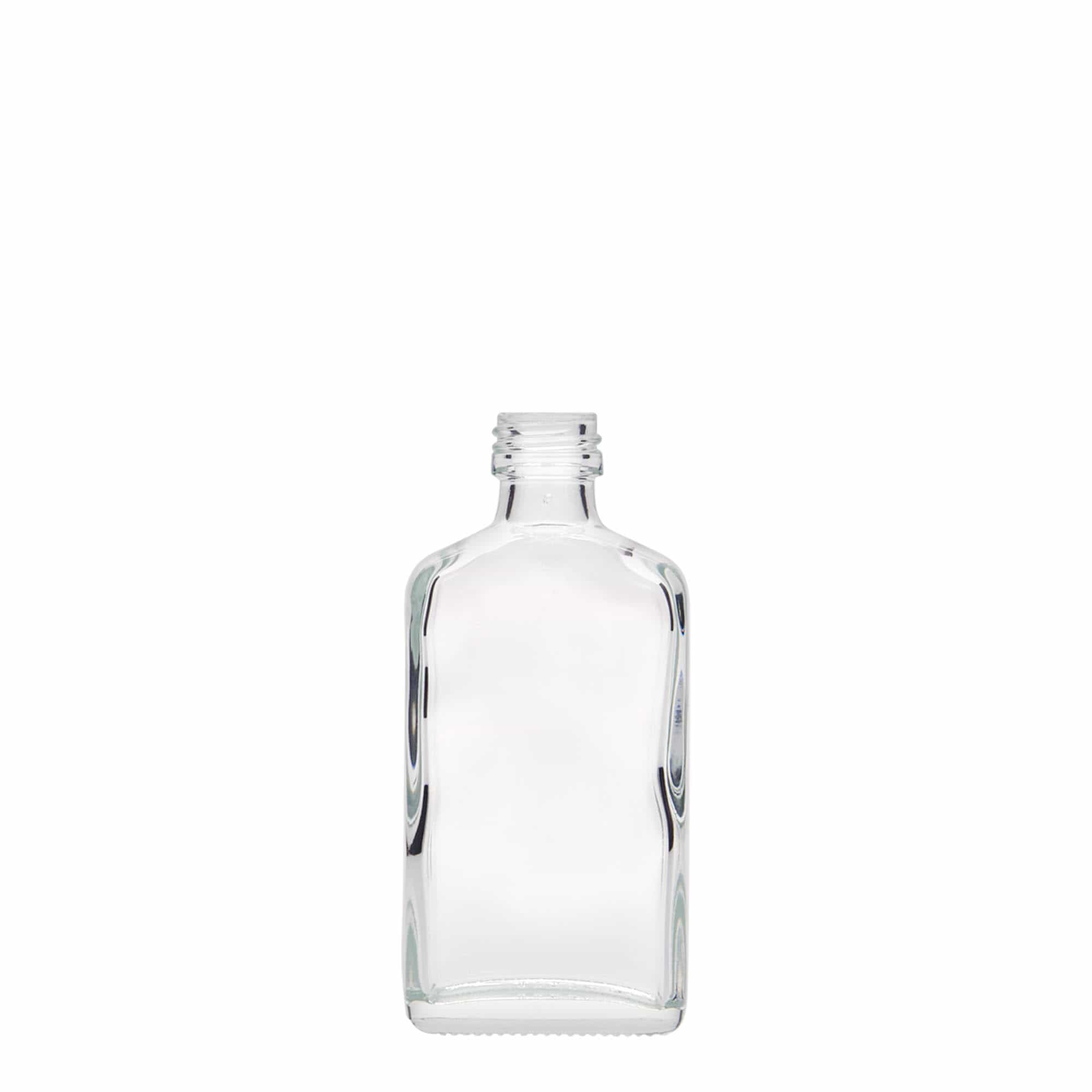 50 ml vrecková fľaštička, obdĺžniková, sklo, hrdlo: PP 18