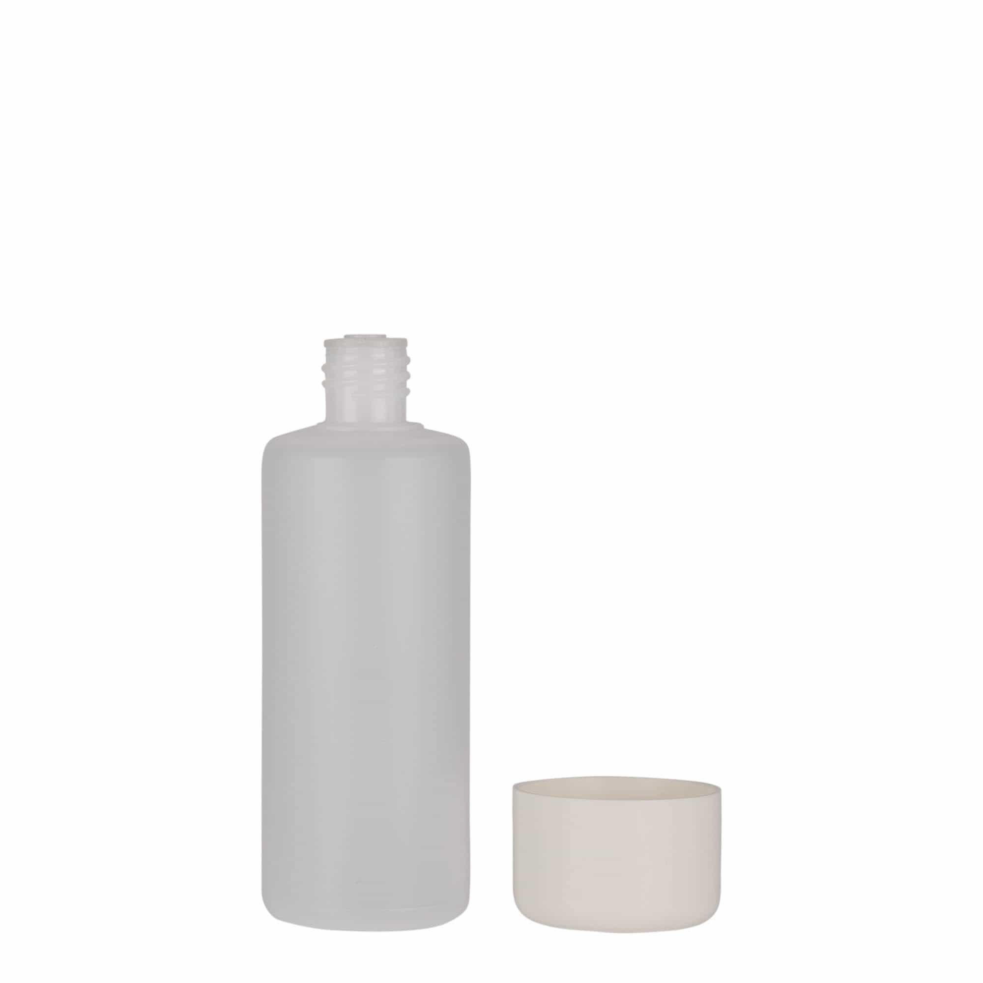 100 ml okrúhla fľaša, PE plast, prírodná farba, hrdlo: skrutkovací uzáver