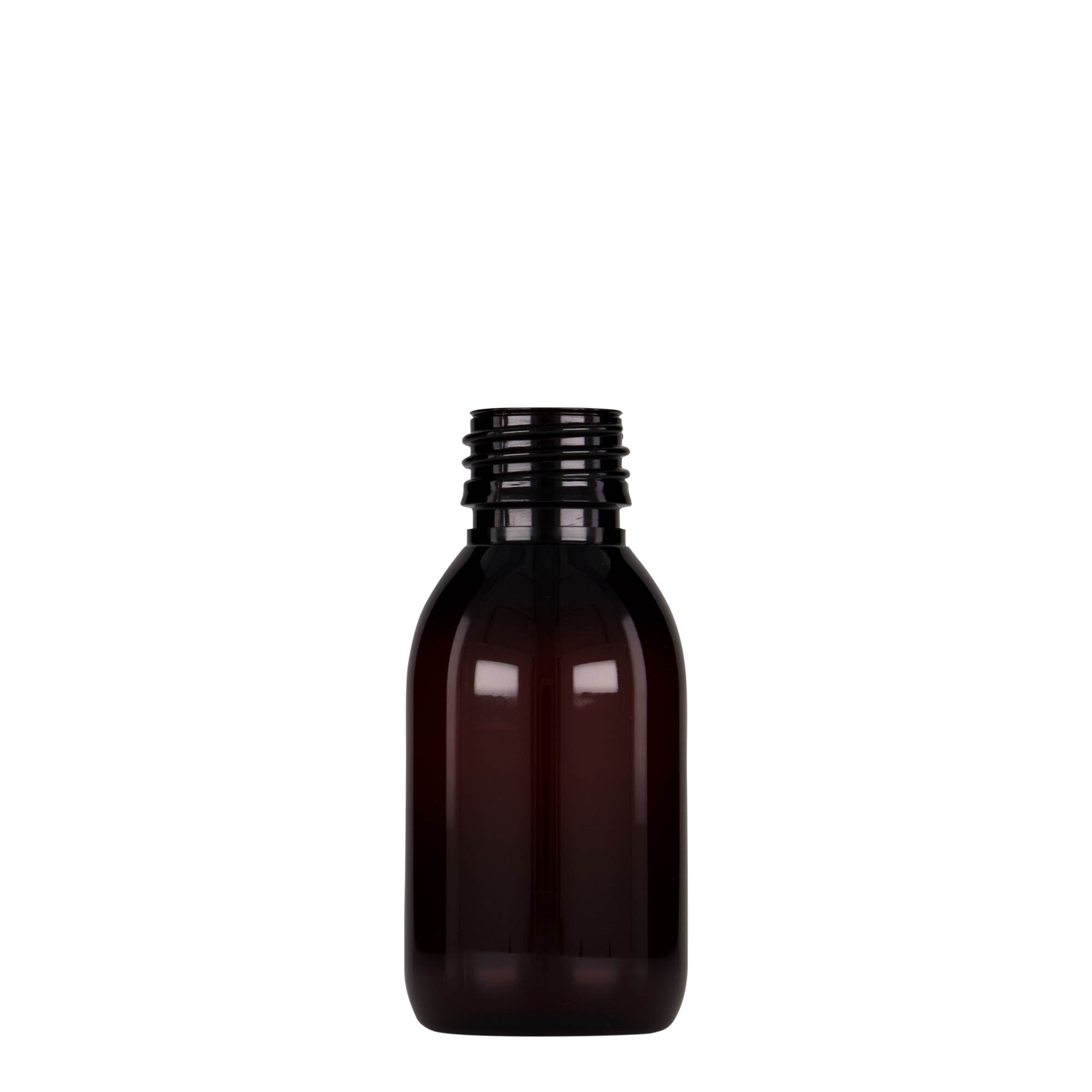 100 ml PET lekárska fľaša, hnedá, plast, hrdlo: PP 28 100 ml PET lekárska fľaša, hnedá, plast, hrdlo: PP 28