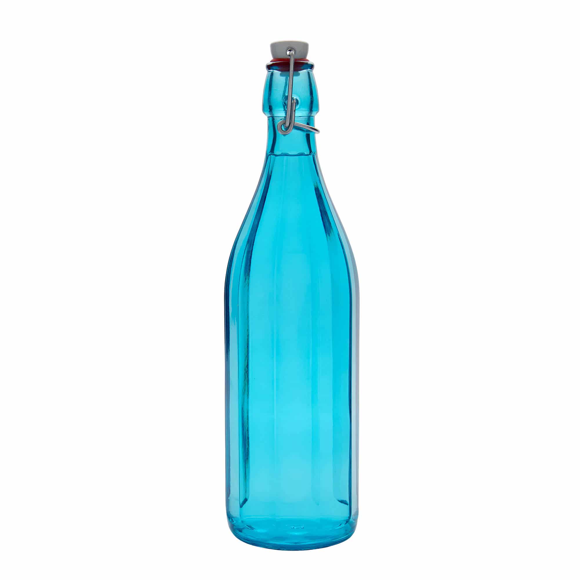 1 000 ml sklená fľaša „O x ford“, desaťhranná, azúrová farba, hrdlo: strmeňový uzáver