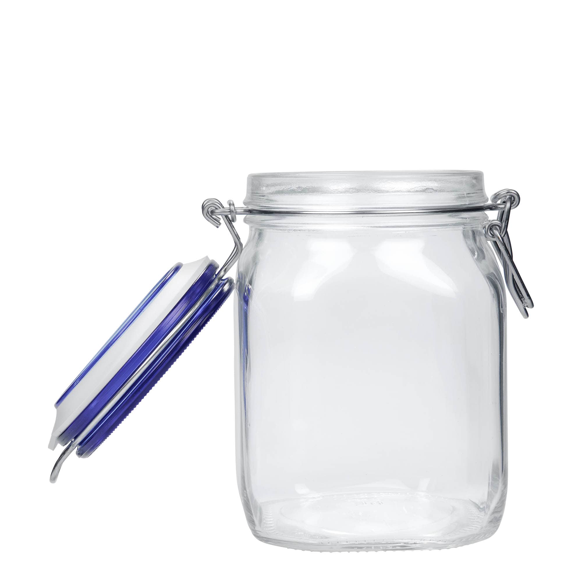 1 000 ml pohár so strmeňovým uzáverom „Fido“ Blue Top, štvorcový, hrdlo: strmeňový uzáver