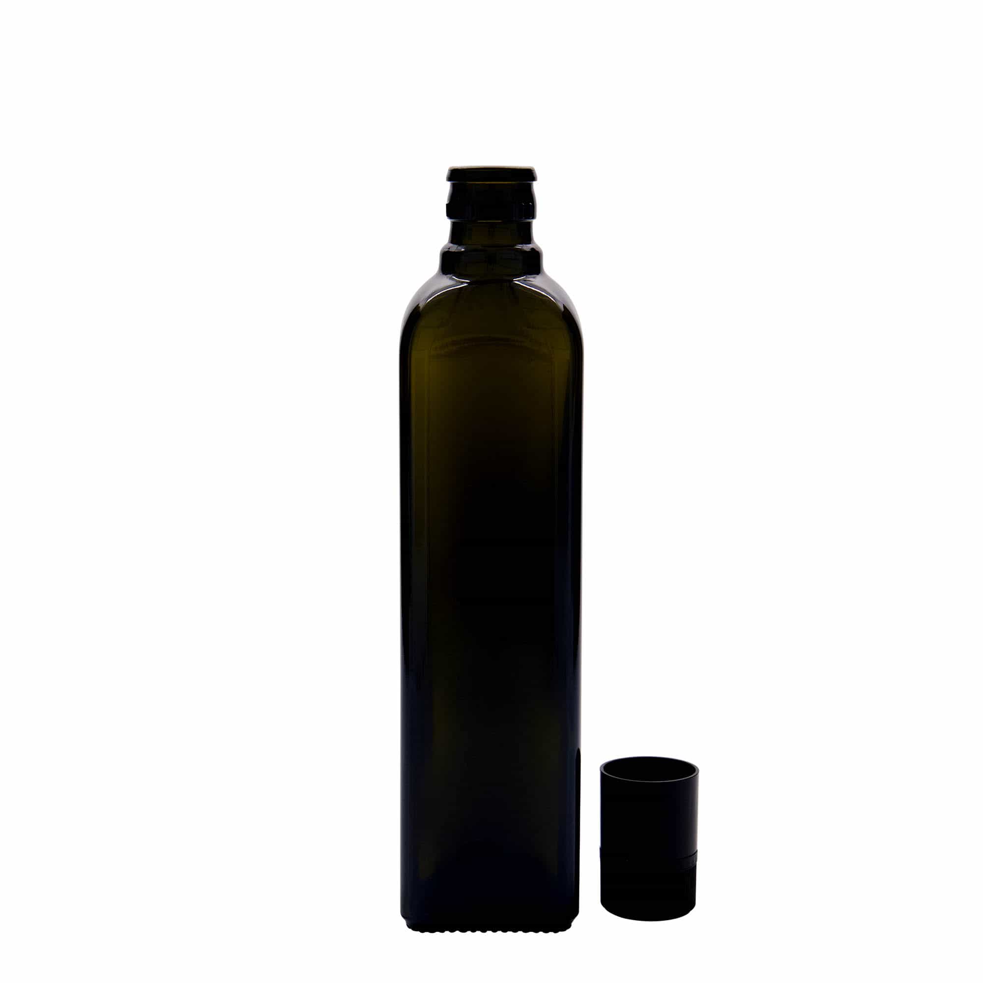 500 ml fľaša na ocot/olej „Quadra“, sklená, štvorcová, antická zelená farba, hrdlo: DOP