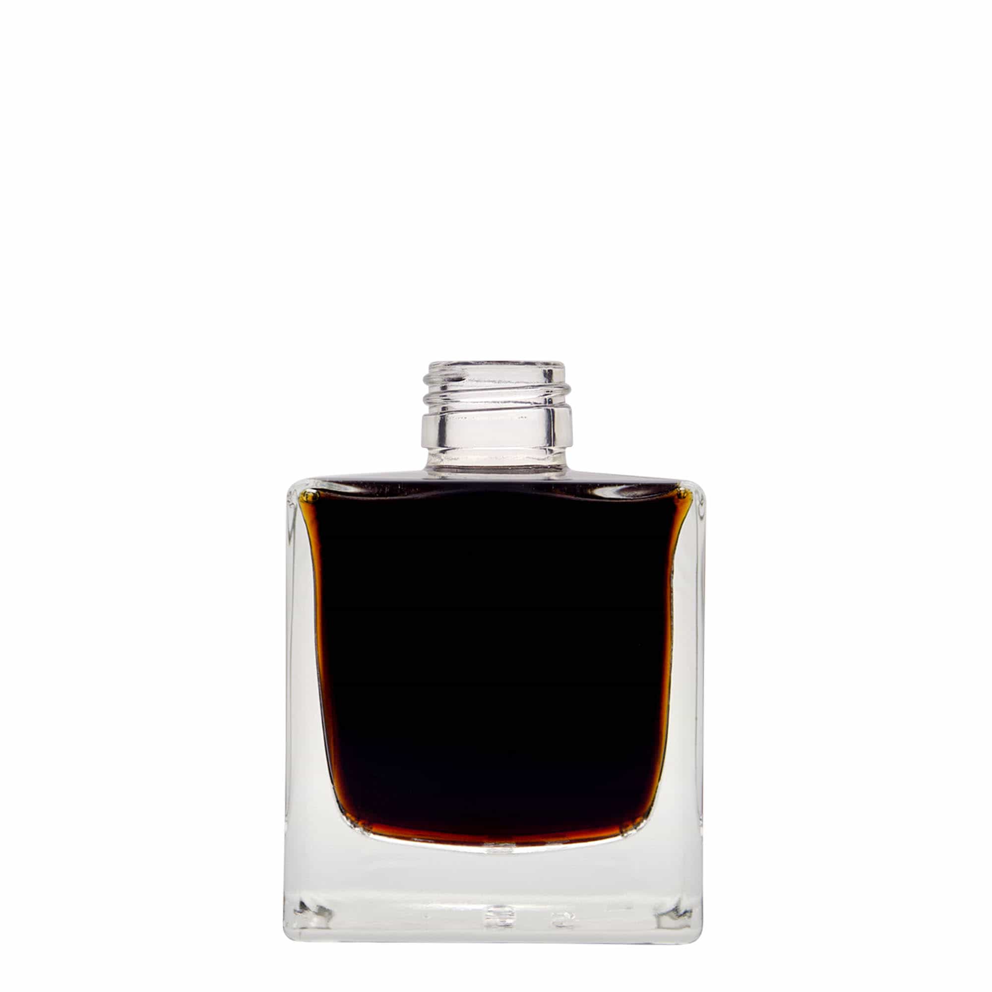 200 ml sklená fľaša „Cube“, štvorcová, hrdlo: PP 28