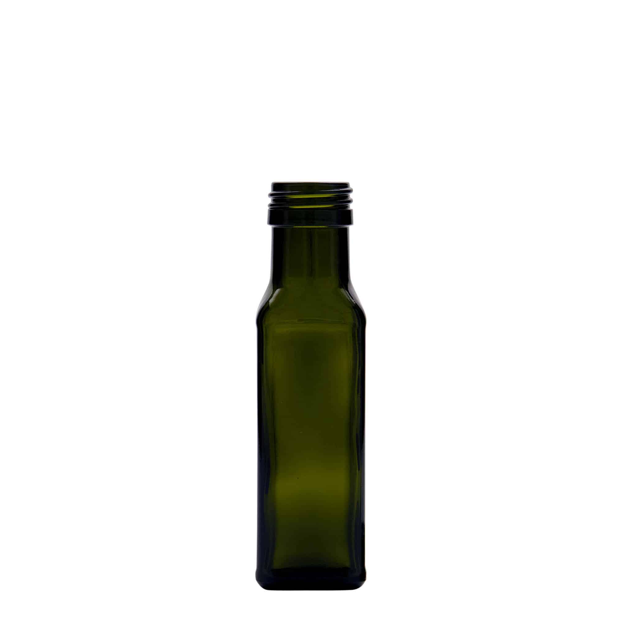 100 ml sklená fľaša „Marasca“, štvorcová, antická zelená farba, hrdlo: PP 31,5