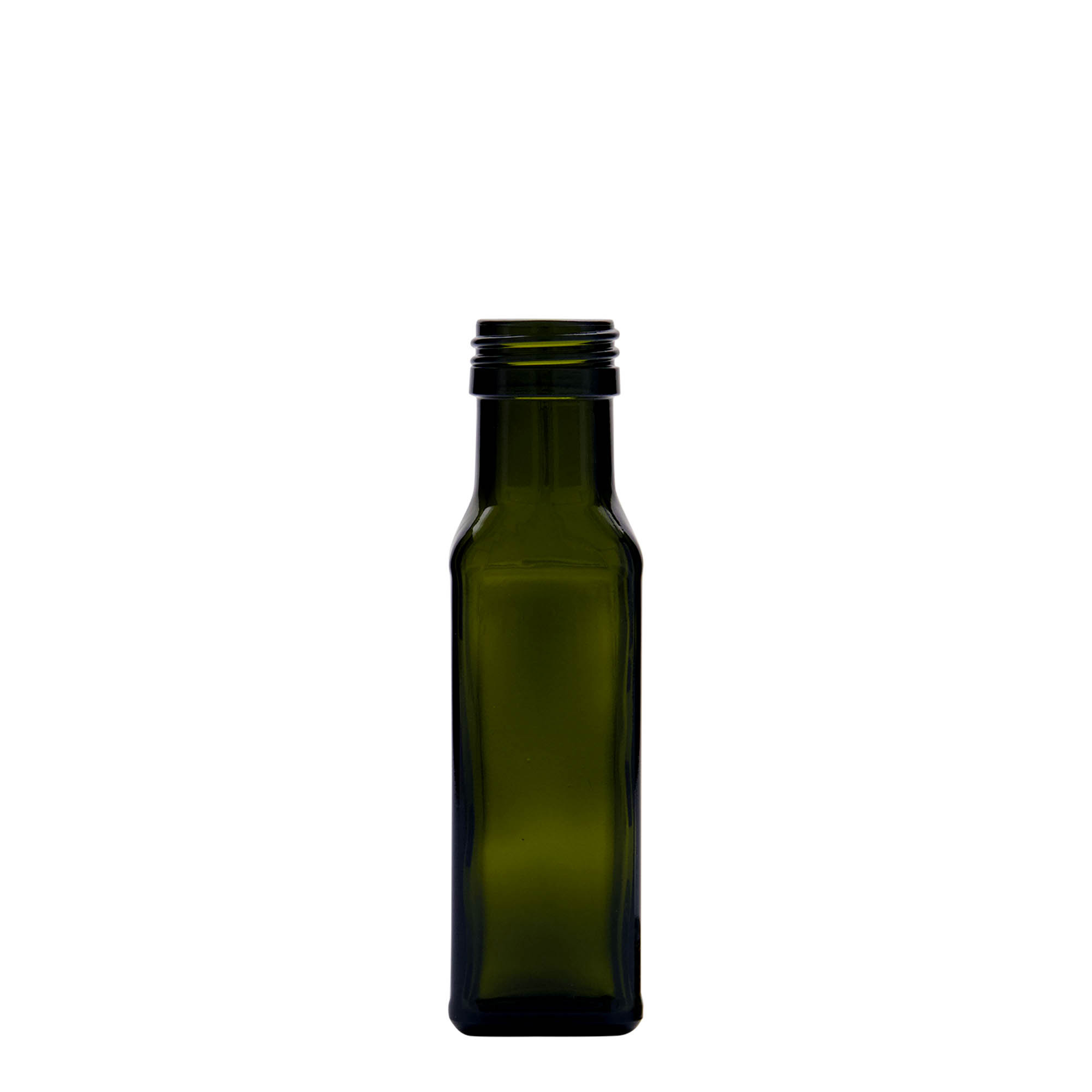 100 ml sklenená fľaša 'Marasca', štvorcová, antik zelená, hrdlo: PP 31,5