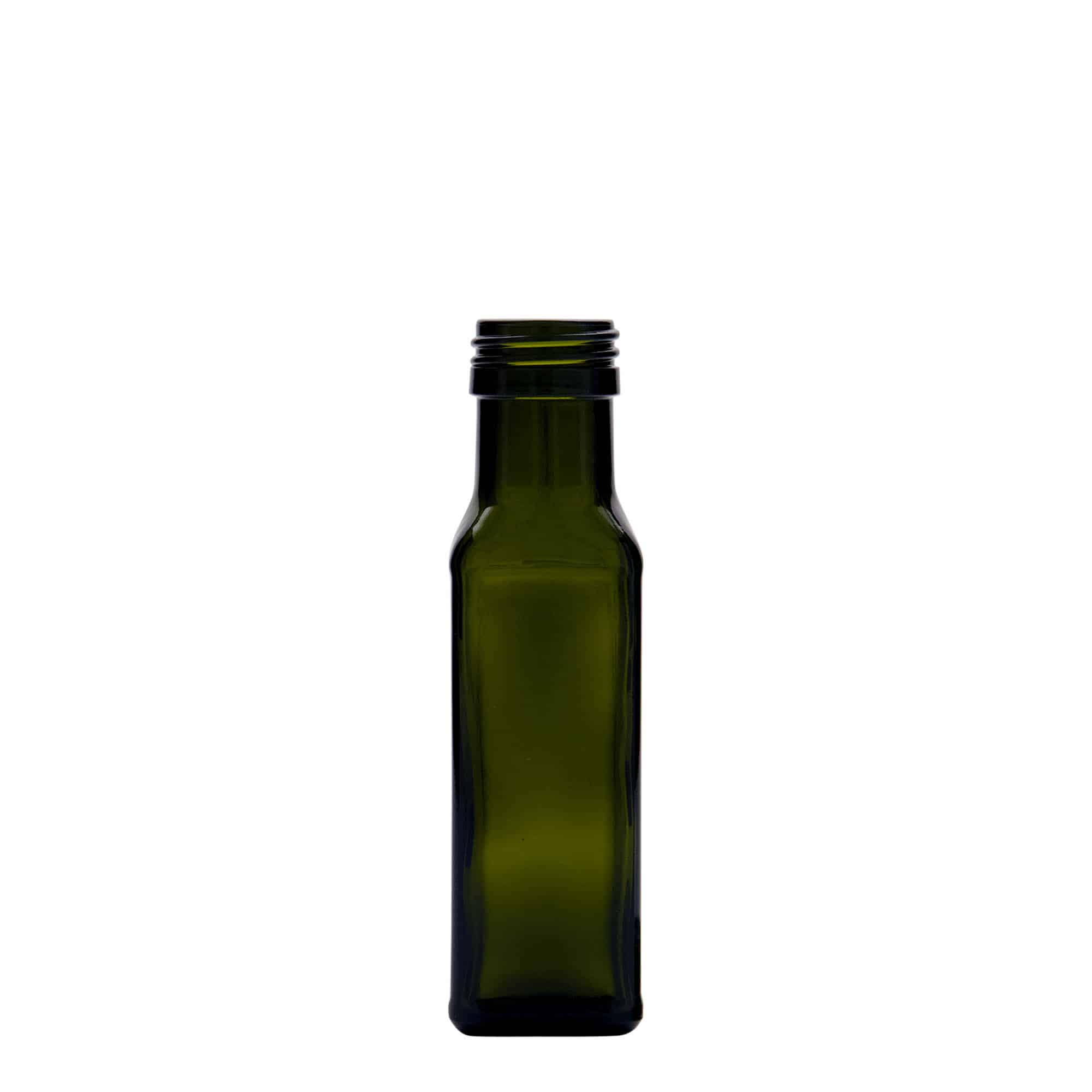 100 ml sklenená fľaša 'Marasca', štvorcová, antik zelená, hrdlo: PP 31,5