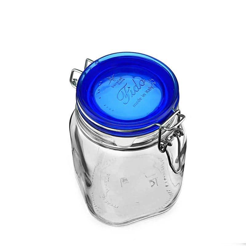 1 000 ml pohár so strmeňovým uzáverom „Fido“ Blue Top, štvorcový, hrdlo: strmeňový uzáver