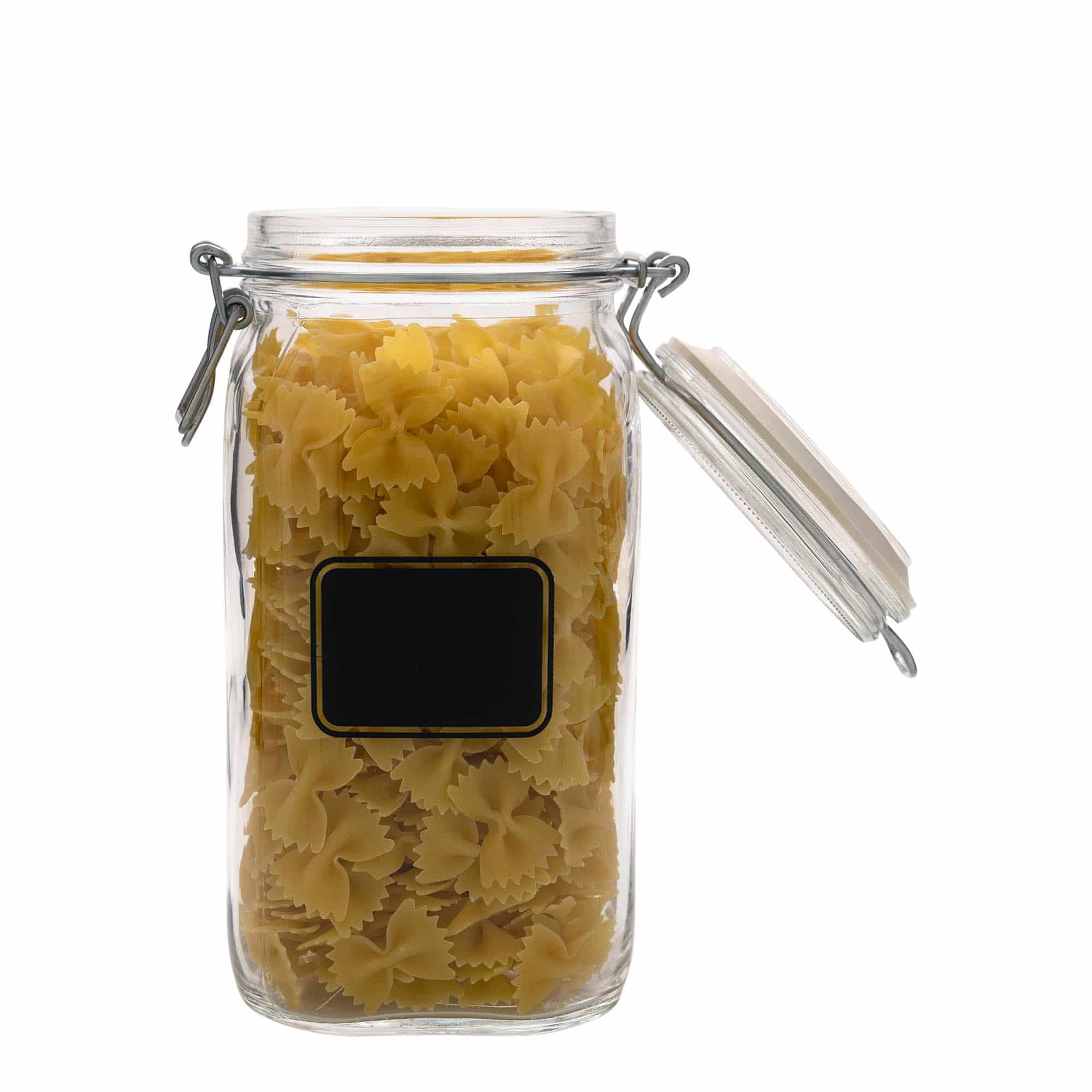 1 500 ml pohár so strmeňovým uzáverom „Fido“, motív: políčko na etiketu, štvorcový, hrdlo: strmeňový uzáver