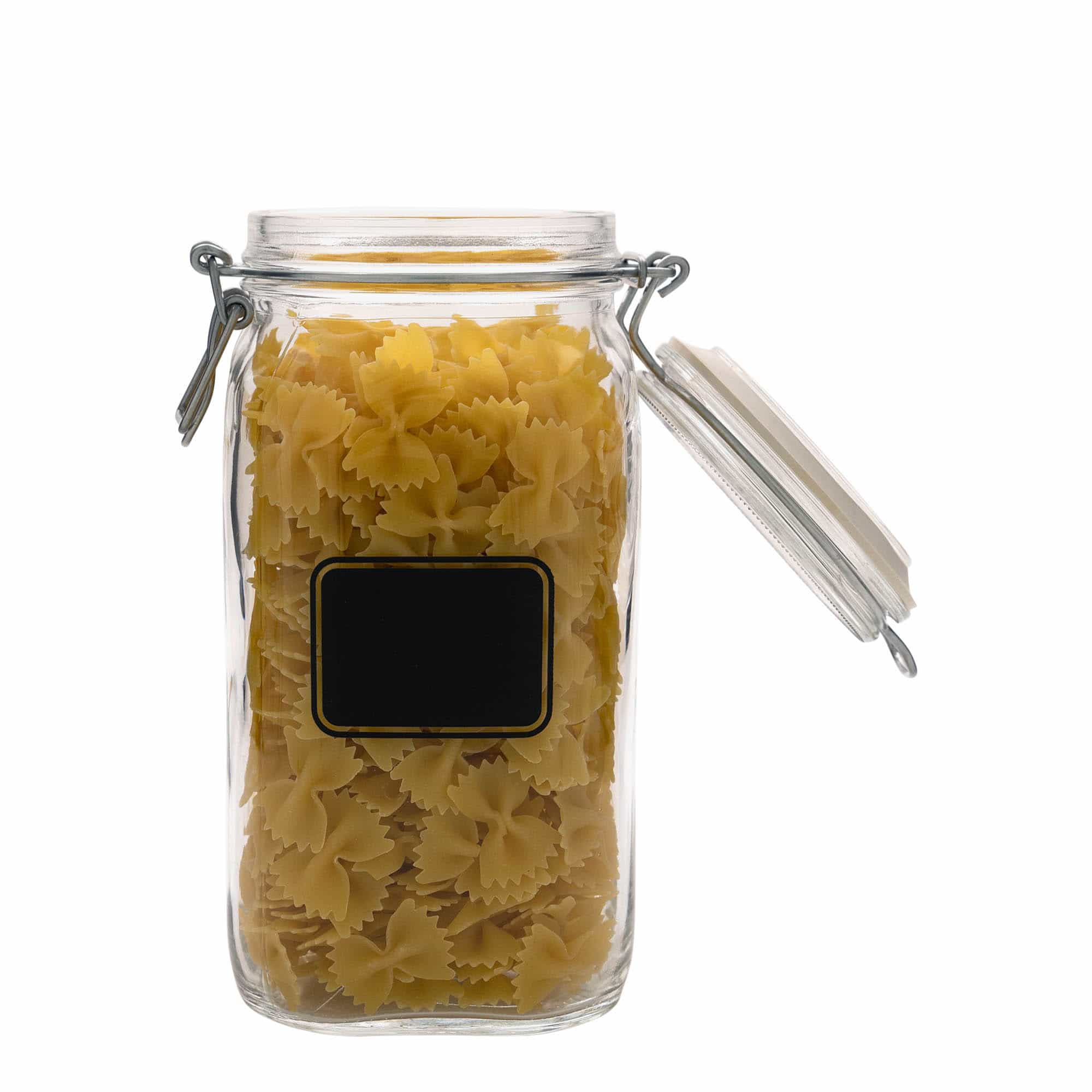 1 500 ml pohár so sklenenou pákou „Fido“, motív: štítok, štvorcový, hrdlo: uzáver so sklenenou pákou