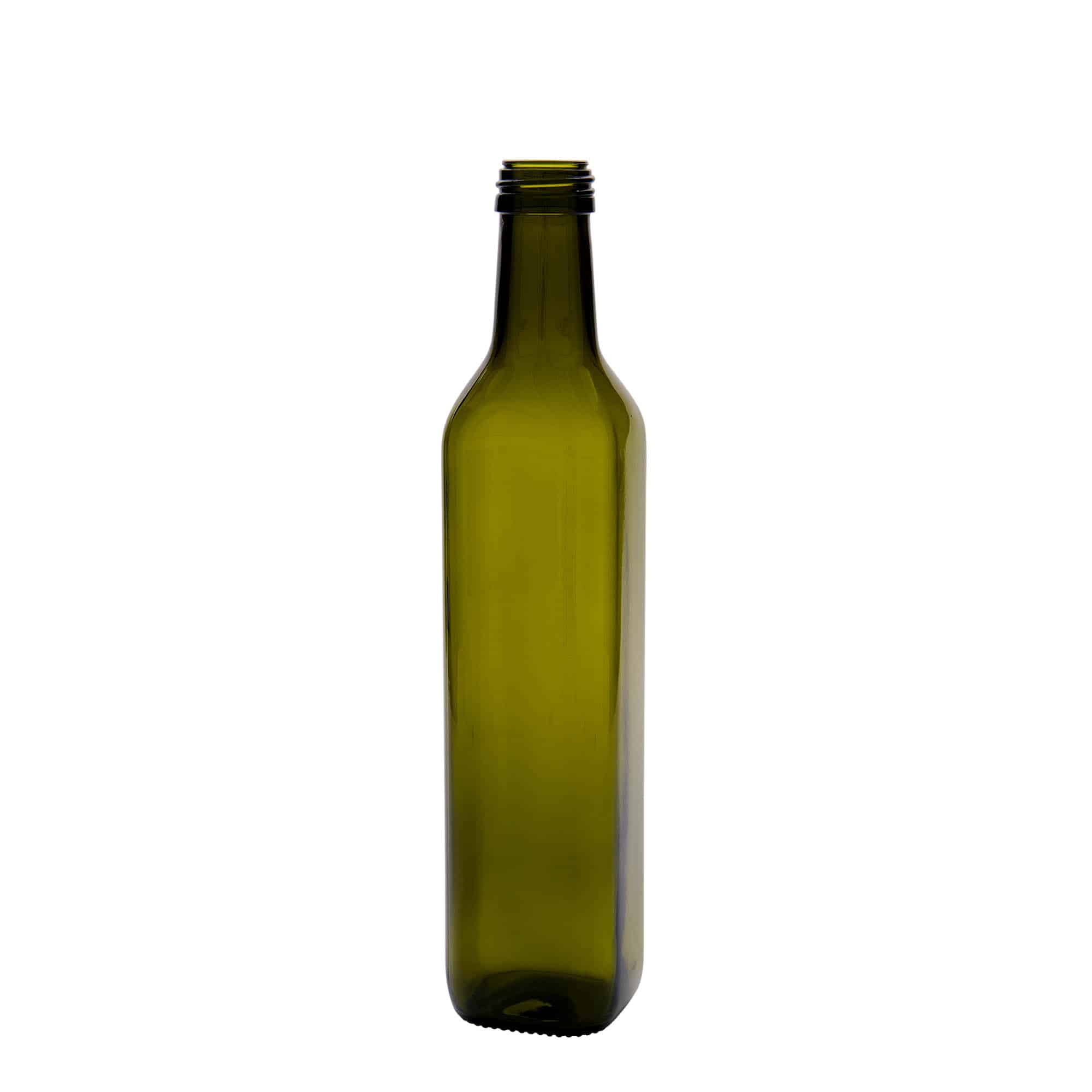 500 ml sklená fľaša „Marasca“, štvorcová, antická zelená farba, hrdlo: PP 31,5