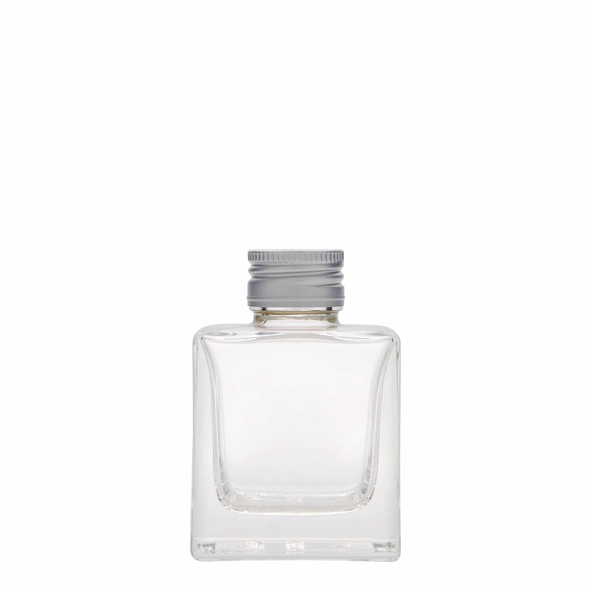 100 ml sklená fľaša „Cube“, štvorcová, hrdlo: PP 28