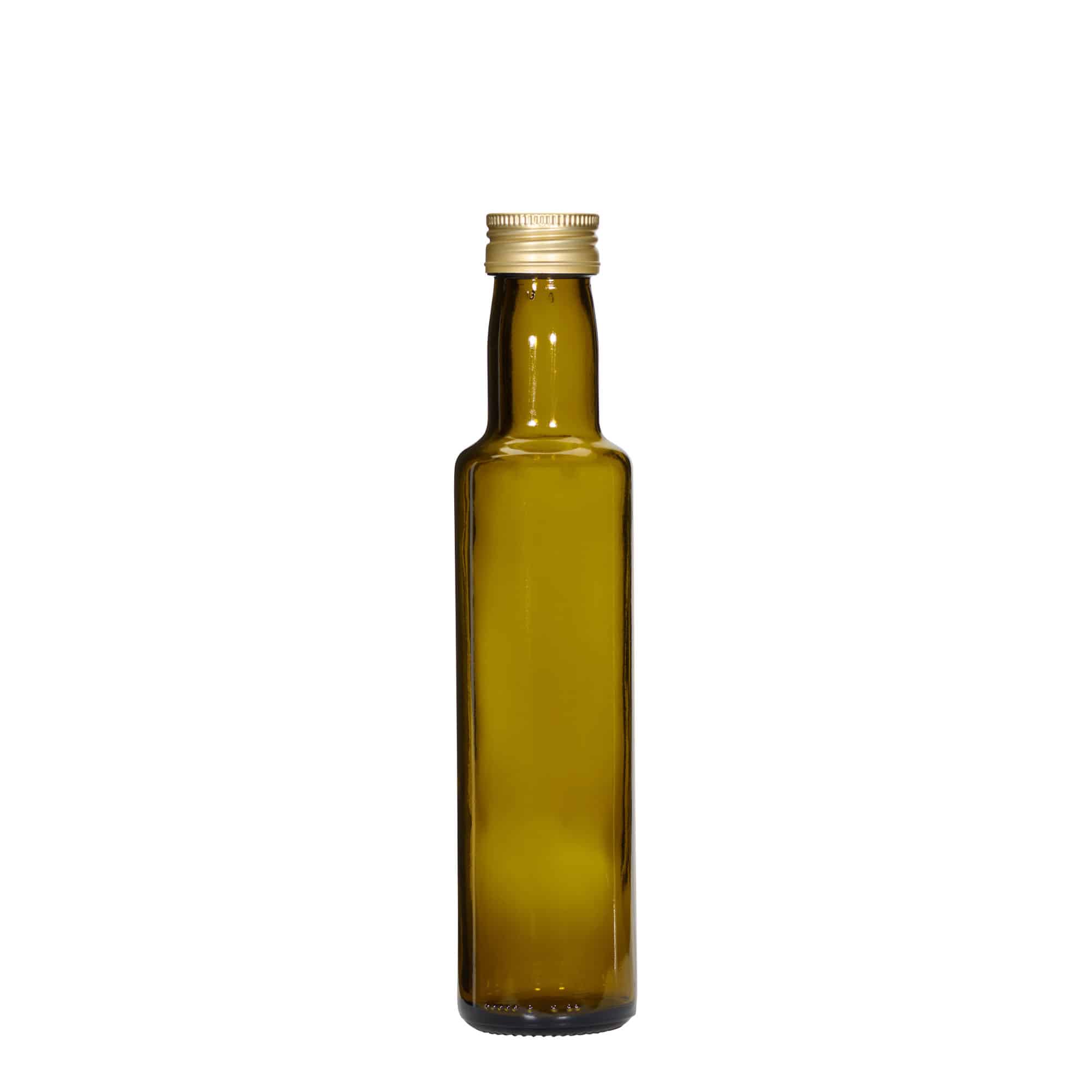 250 ml sklená fľaša „Dorica“, antická zelená farba, hrdlo: PP 31,5