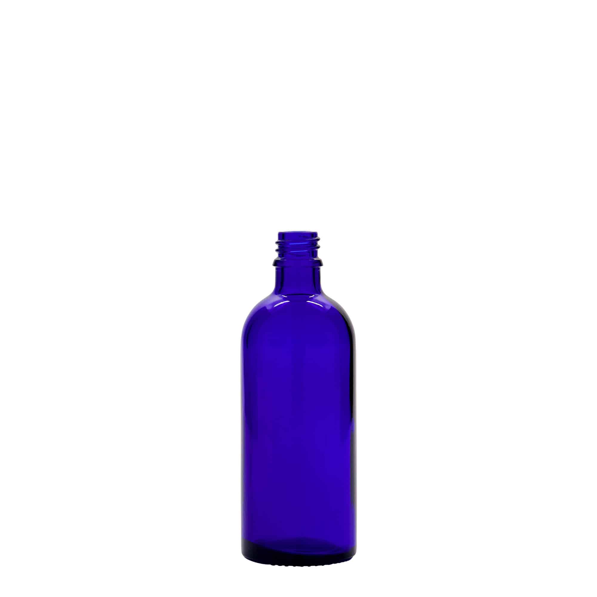 100 ml liekovka, sklená, kráľovská modrá farba, hrdlo: DIN 18 100 ml liekovka, sklená, kráľovská modrá farba, hrdlo: DIN 18