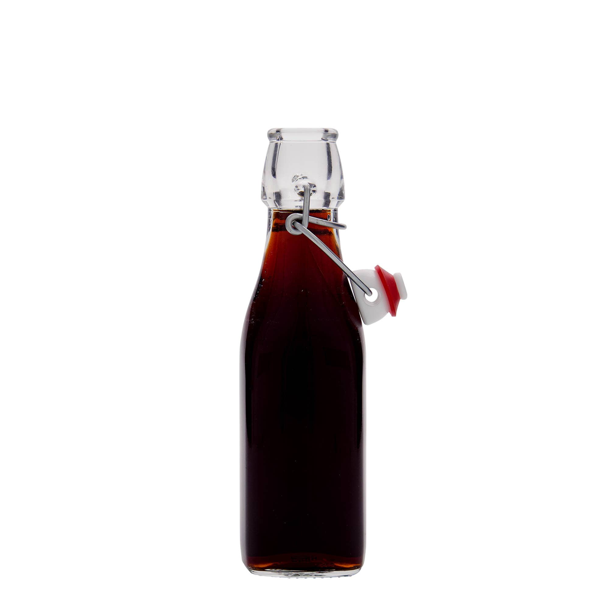 250 ml sklená fľaša „Swing, štvorcová, hrdlo: strmeňový uzáver