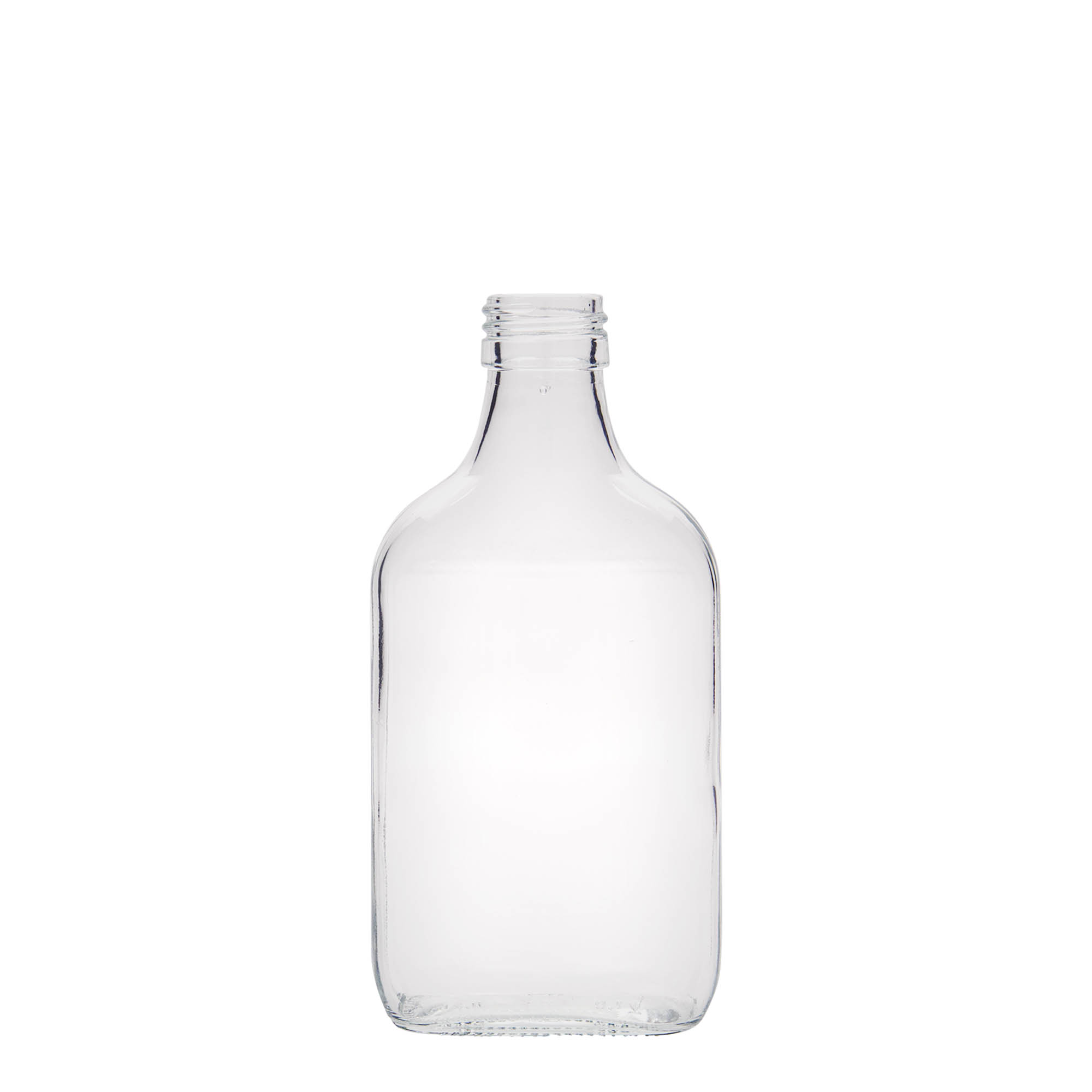 200 ml vrecková fľaša, obdĺžniková, sklo, hrdlo: PP 28