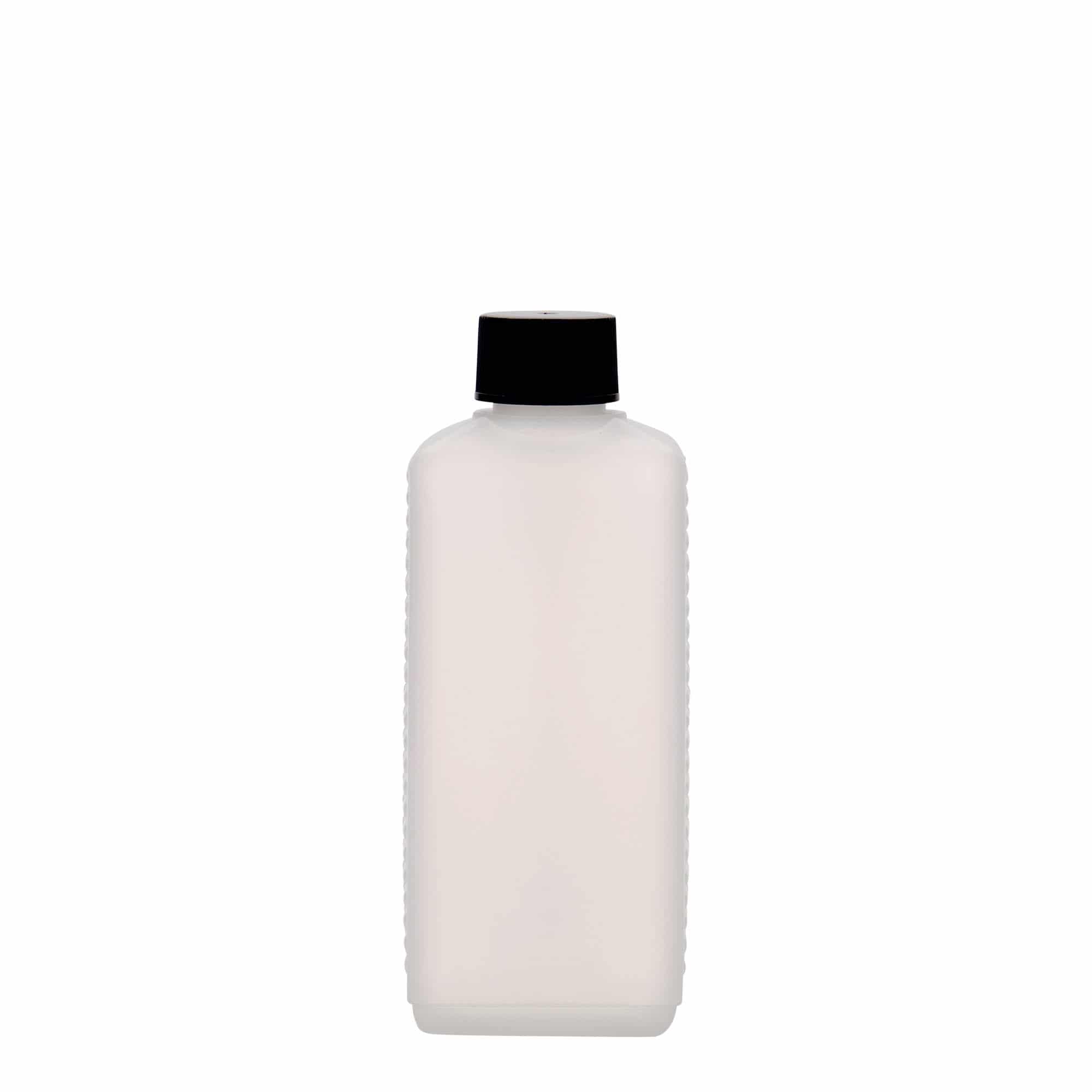 250 ml bandasková fľaša, obdĺžniková, HDPE plast, prírodná farba, hrdlo: DIN 25 EPE
