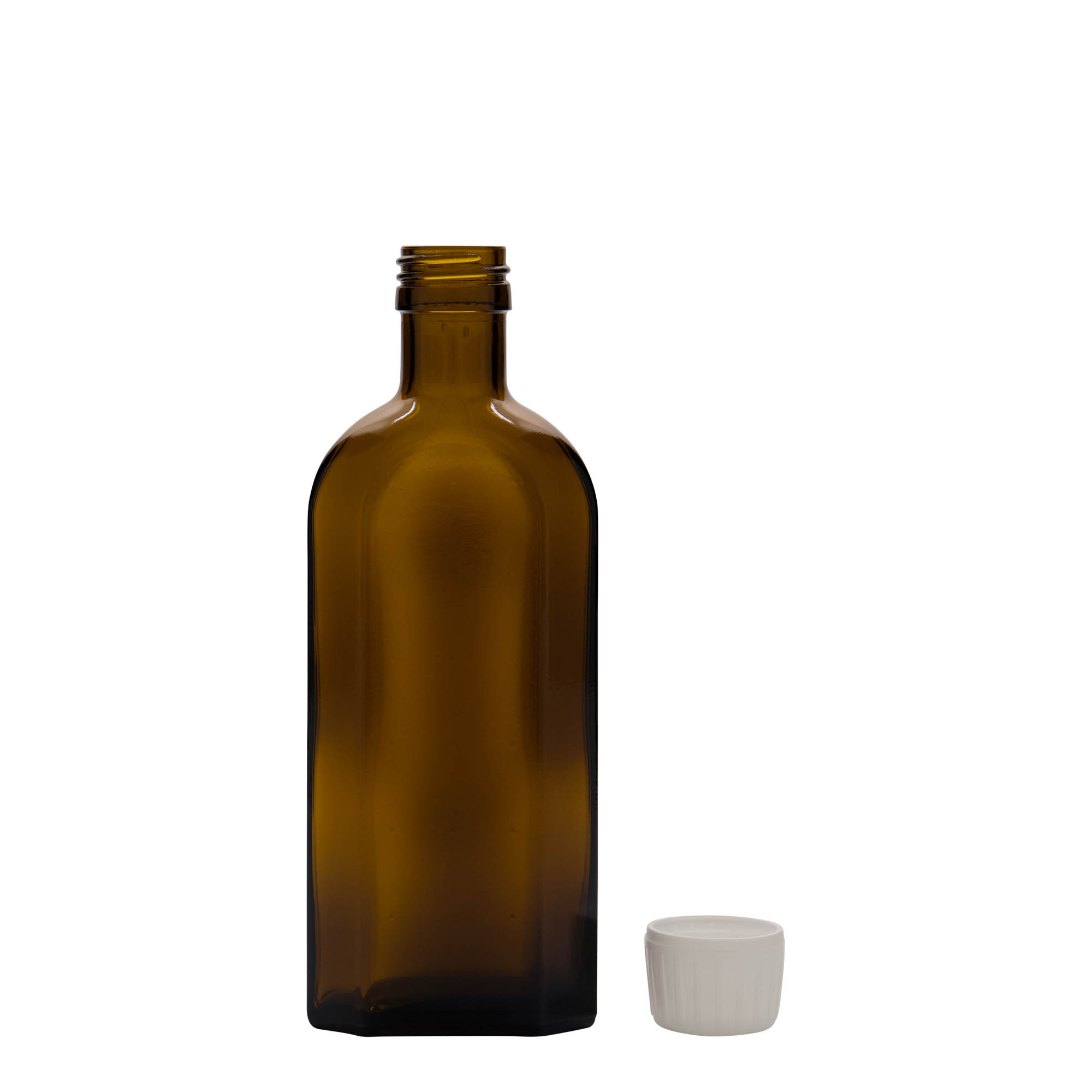 250 ml lekárska fľaša Meplat, oválna, sklo, hnedá, hrdlo: PP 28