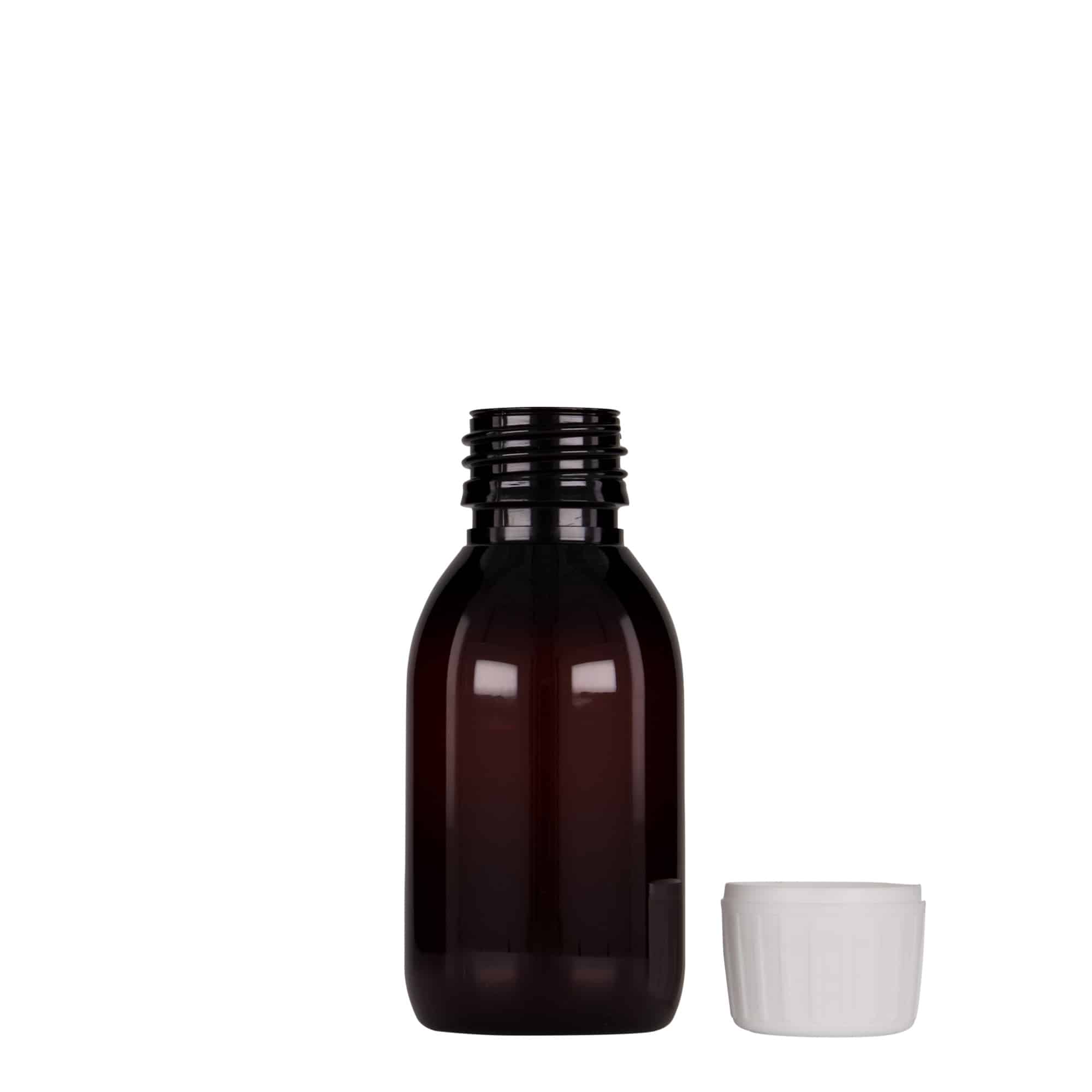 100 ml PET liekovka, hnedá farba, plast, hrdlo: PP 28