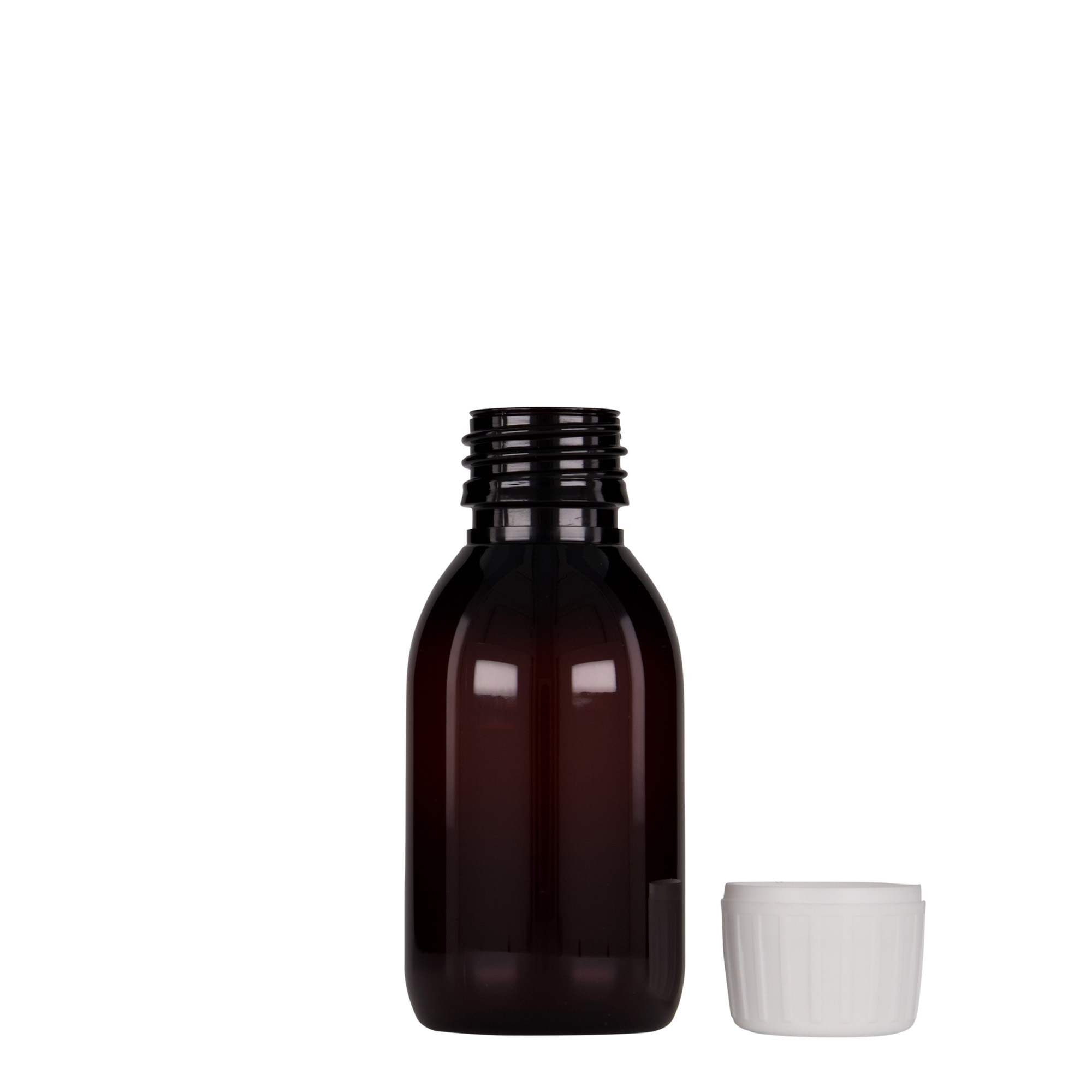 100 ml PET lekárska fľaša, hnedá, plast, hrdlo: PP 28 100 ml PET lekárska fľaša, hnedá, plast, hrdlo: PP 28