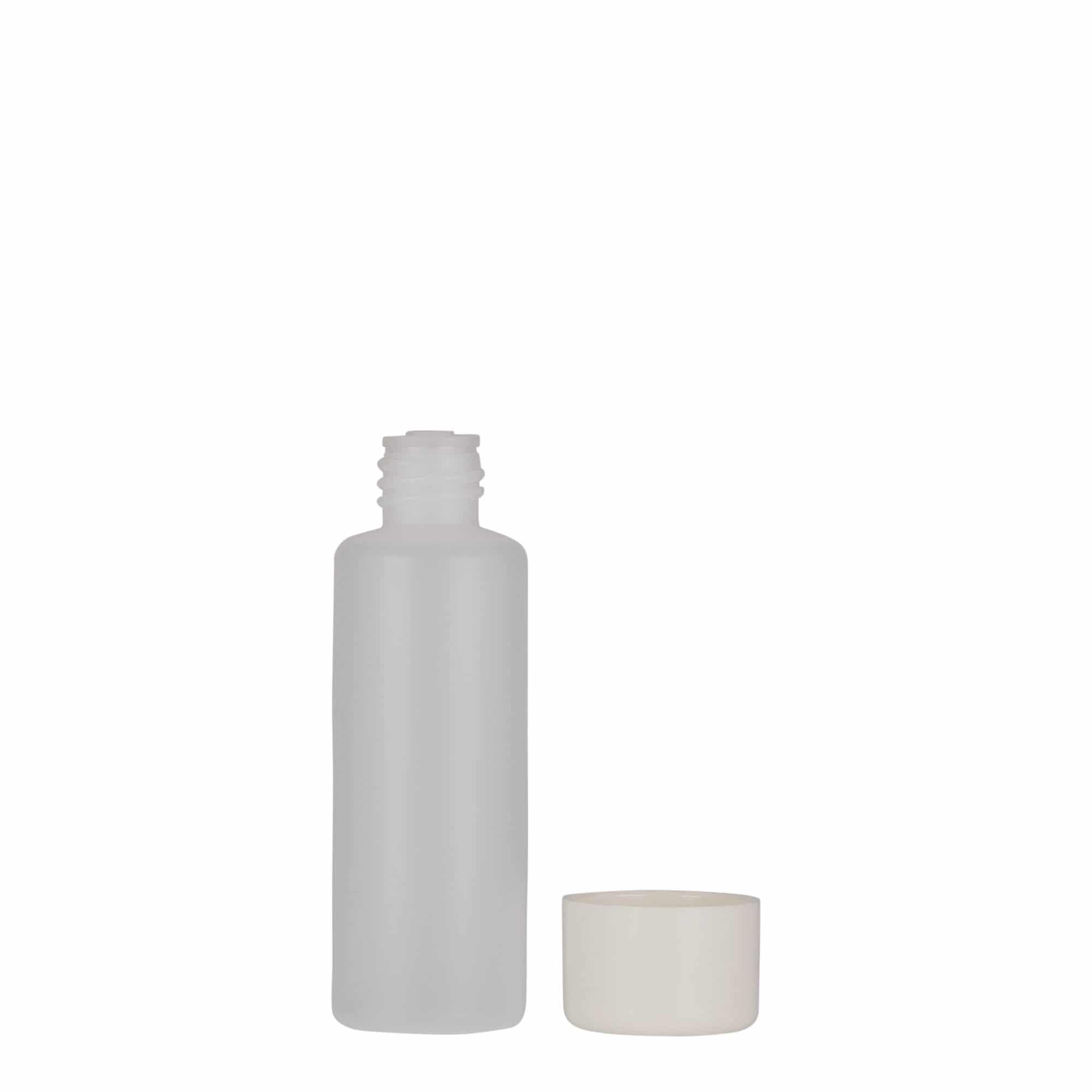 50 ml okrúhla fľaša, PE plast, prírodná farba, hrdlo: skrutkovací uzáver