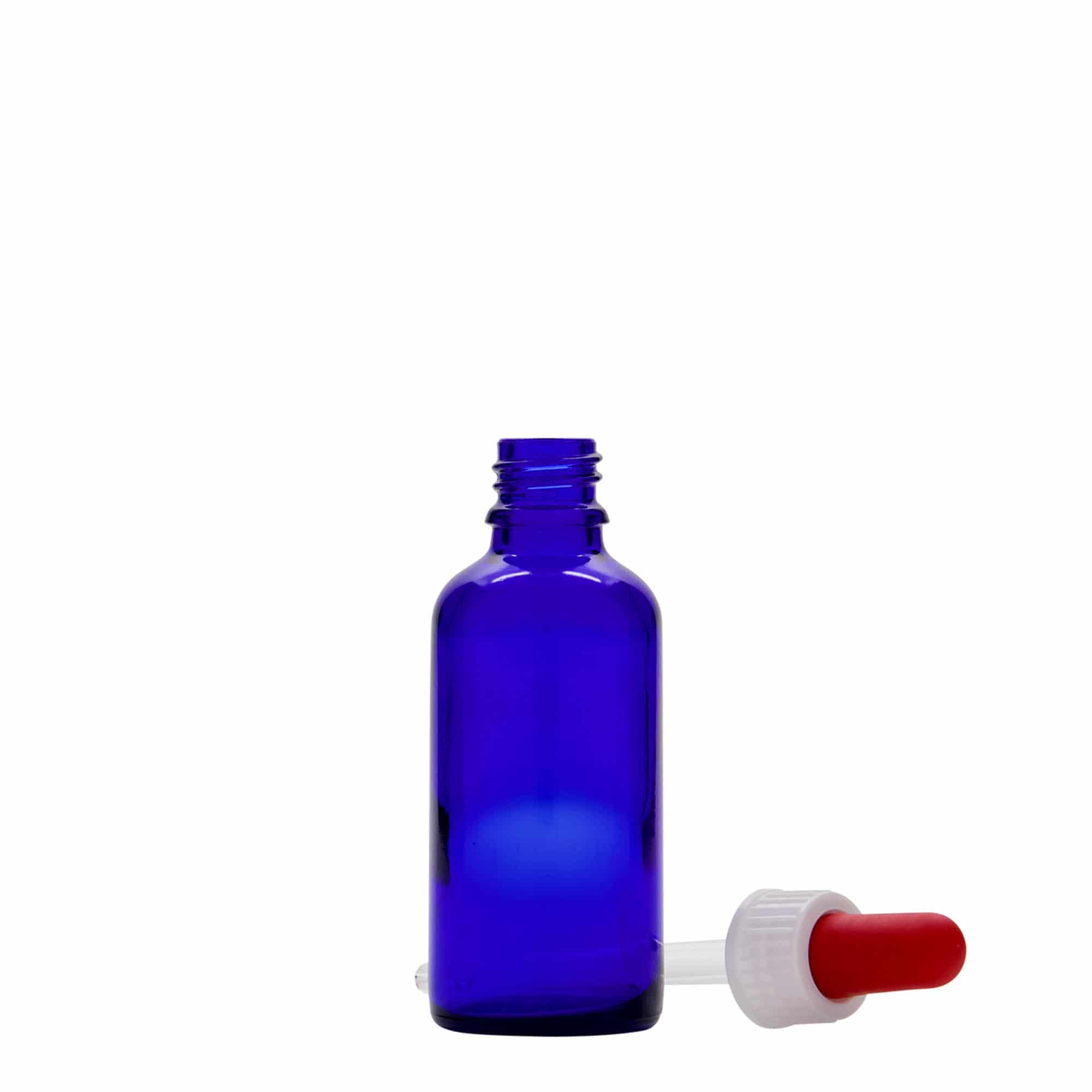 50 ml kvapkacia fľaštička lekárska, sklo, kráľovská modrá-červená, hrdlo: DIN 18