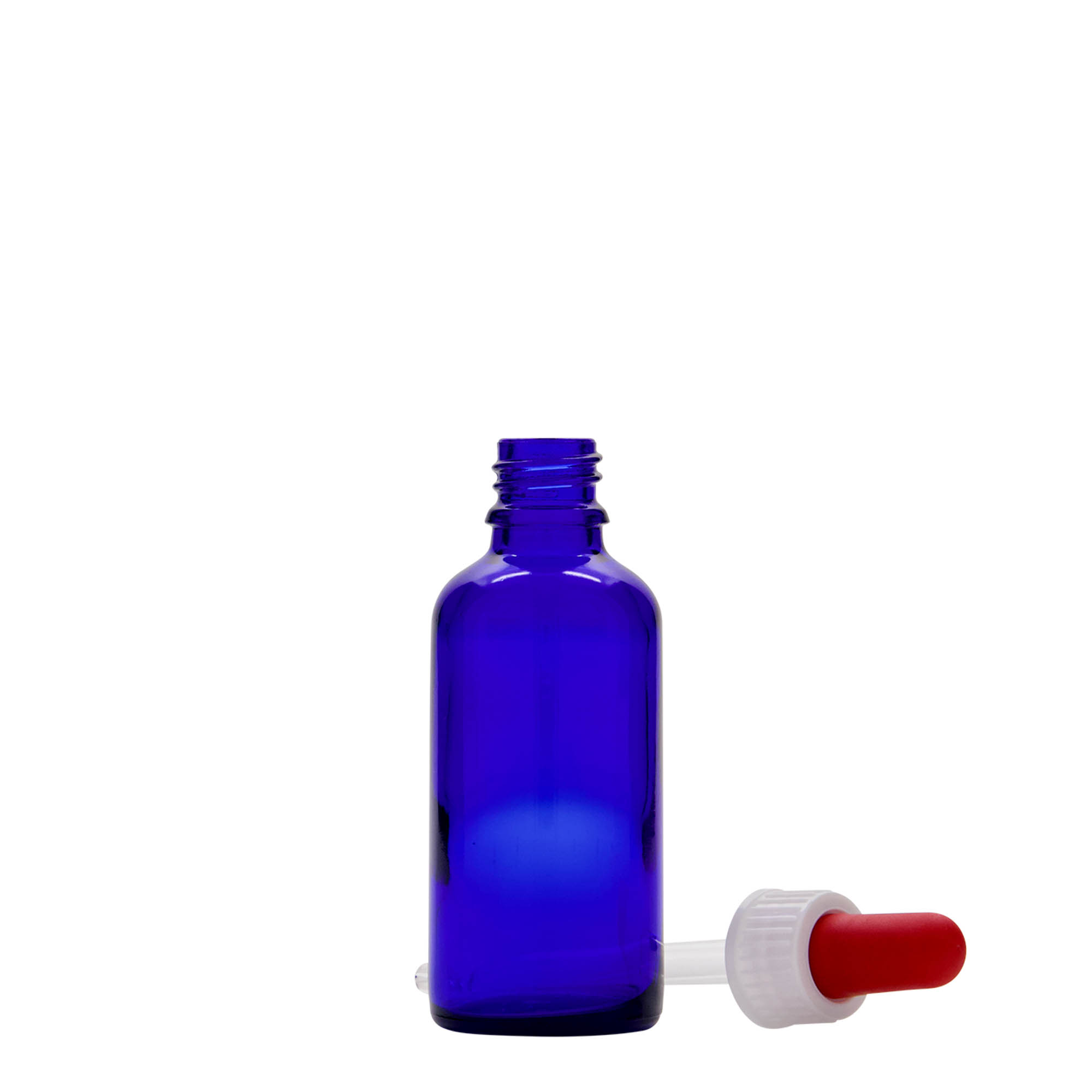 50 ml kvapkacia fľaštička lekárska, sklo, kráľovská modrá-červená, hrdlo: DIN 18