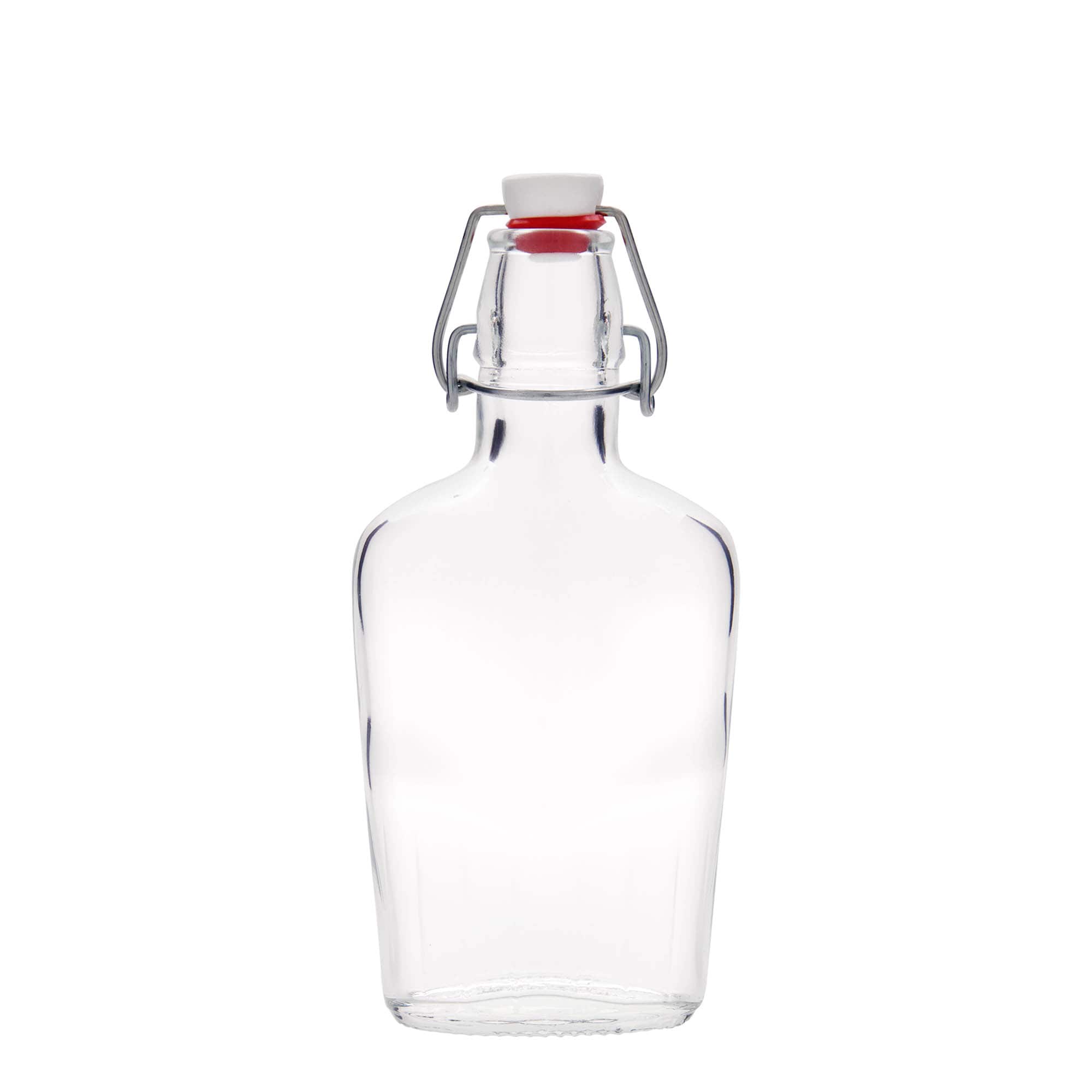 250 ml sklená fľaša „Fiaschetta“, oválna, hrdlo: strmeňový uzáver 250 ml sklená fľaša „Fiaschetta“, oválna, hrdlo: strmeňový uzáver