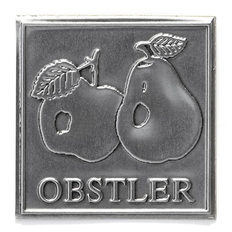 Cínová etiketa „Obstler“, štvorcová, kovová, strieborná Cínová etiketa „Obstler“, štvorcová, kovová, strieborná