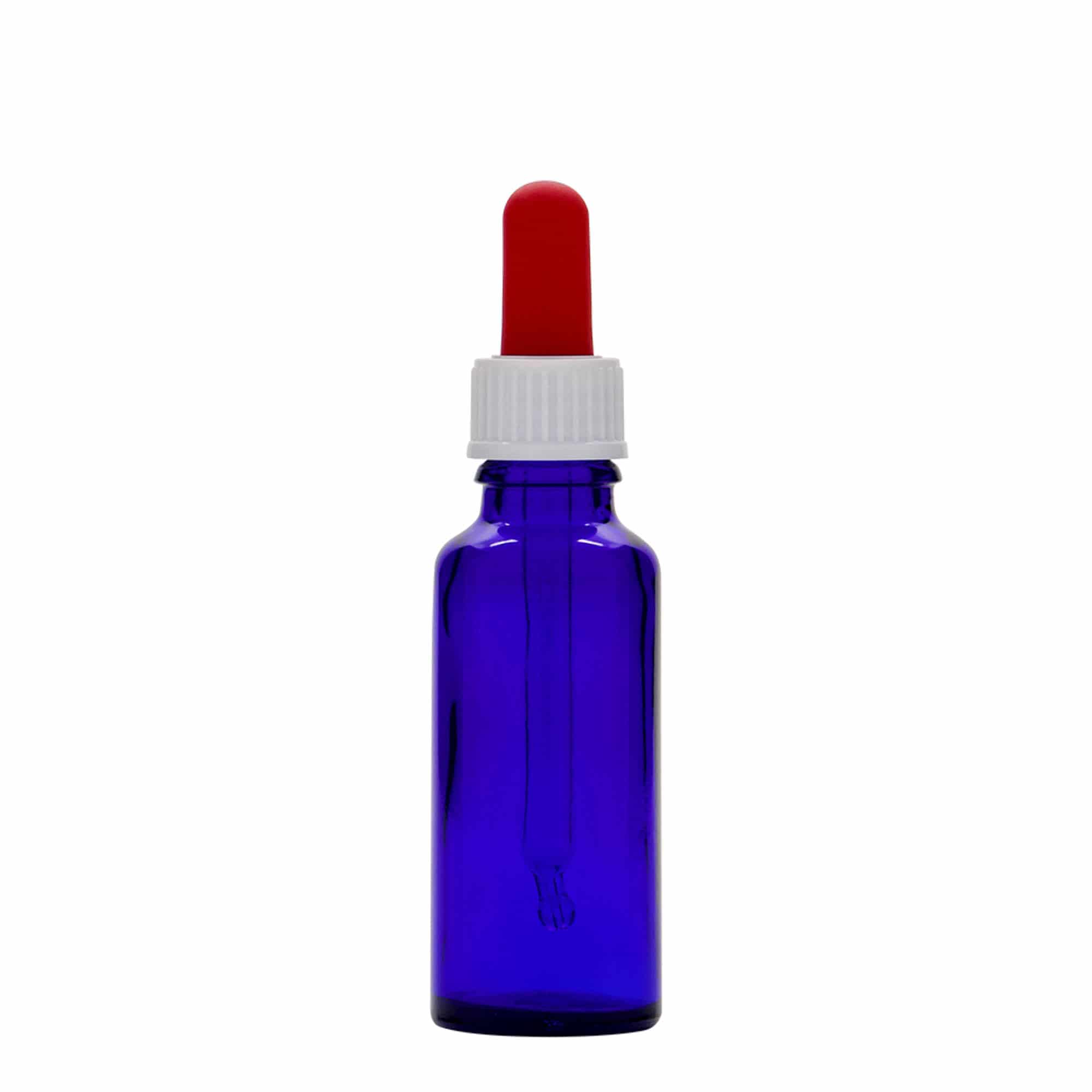 30 ml liekovka s pipetou, sklená, kráľovská modrá – červená farba, hrdlo: DIN 18 30 ml liekovka s pipetou, sklená, kráľovská modrá – červená farba, hrdlo: DIN 18