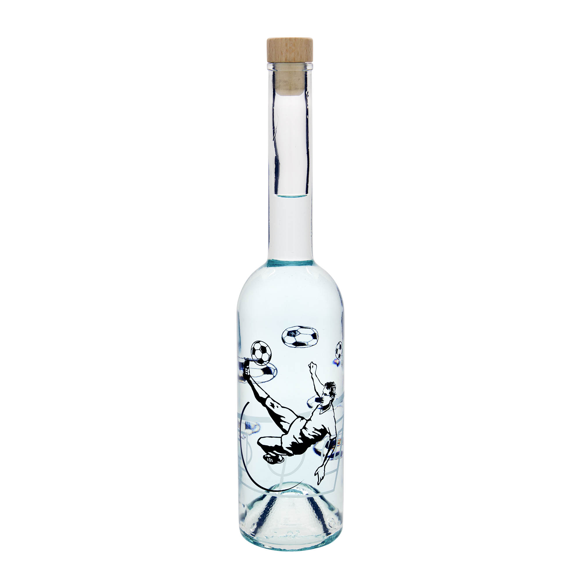 500 ml sklená fľaša „Opera“, motív: futbalista, hrdlo: korok