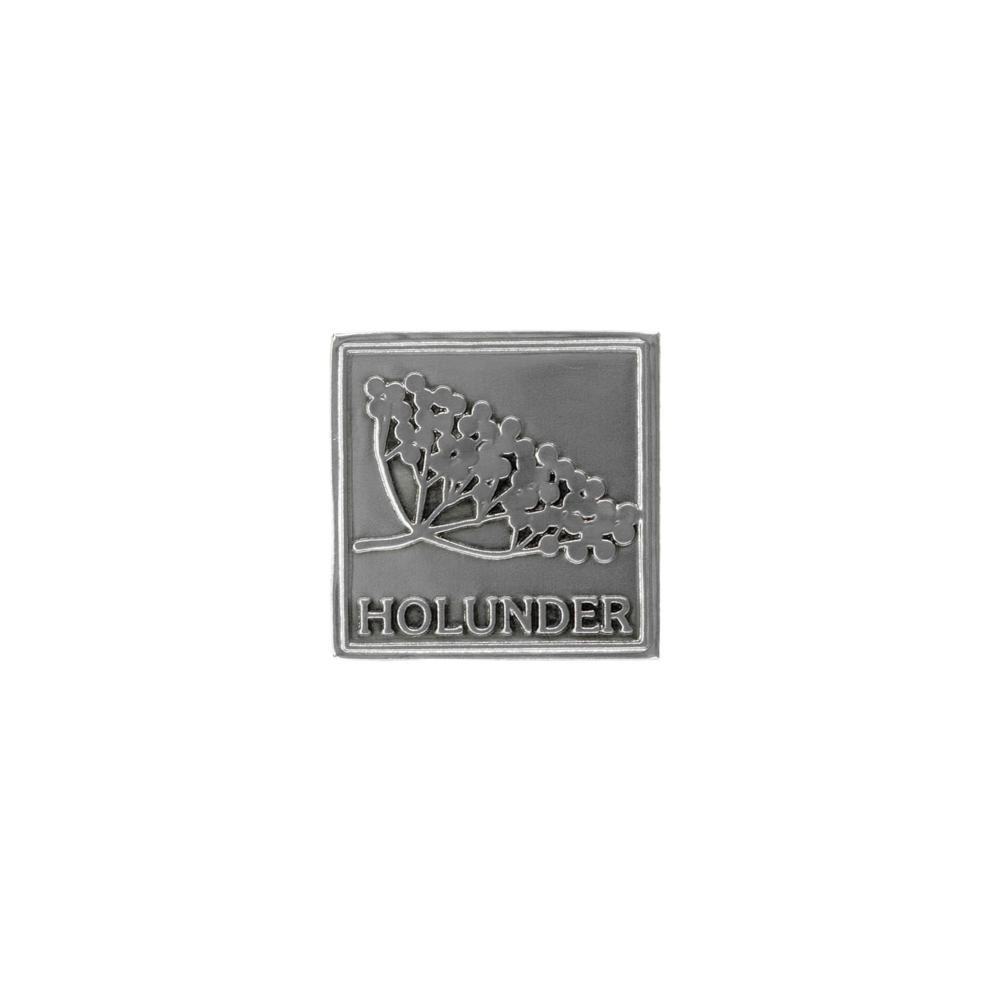 Cínová etiketa „Holunder“, štvorcová, kovová, strieborná Cínová etiketa „Holunder“, štvorcová, kovová, strieborná