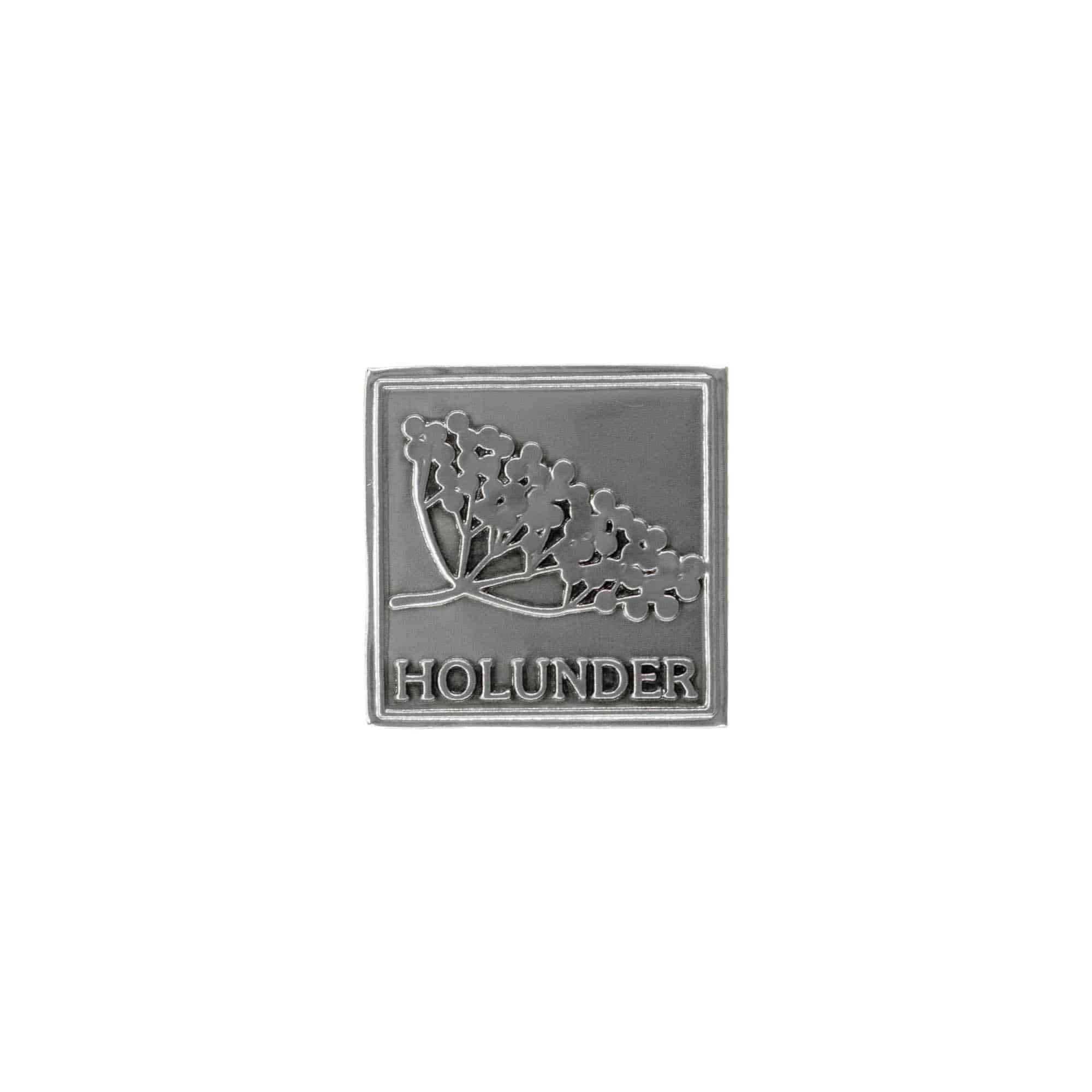 Cínová etiketa „Holunder“, štvorcová, kovová, strieborná