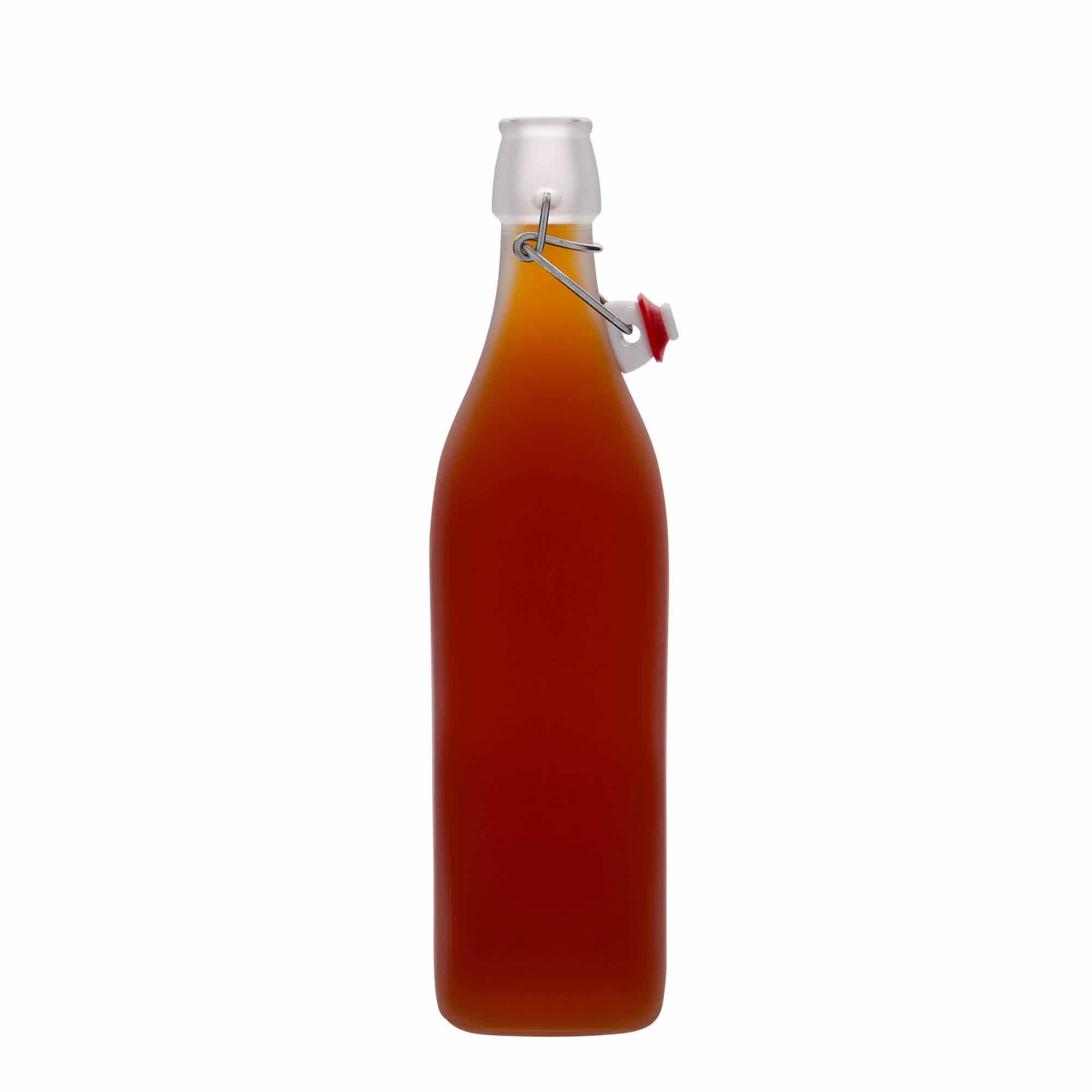 1 000 ml sklená fľaša „Swing, štvorcová, biela farba, hrdlo: strmeňový uzáver