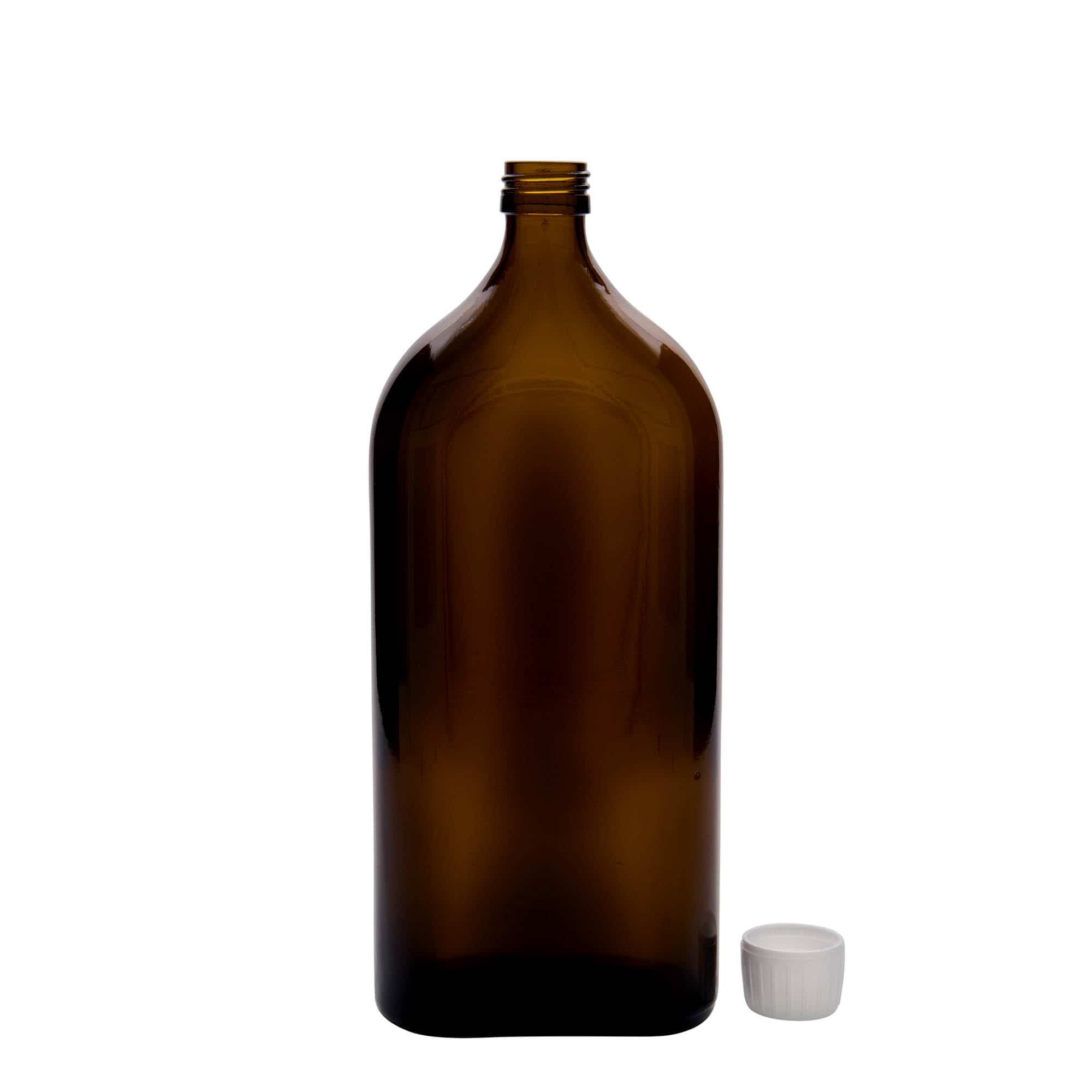 1 000 ml liekovka Meplat, oválna, sklená, hnedá farba, hrdlo: PP 28