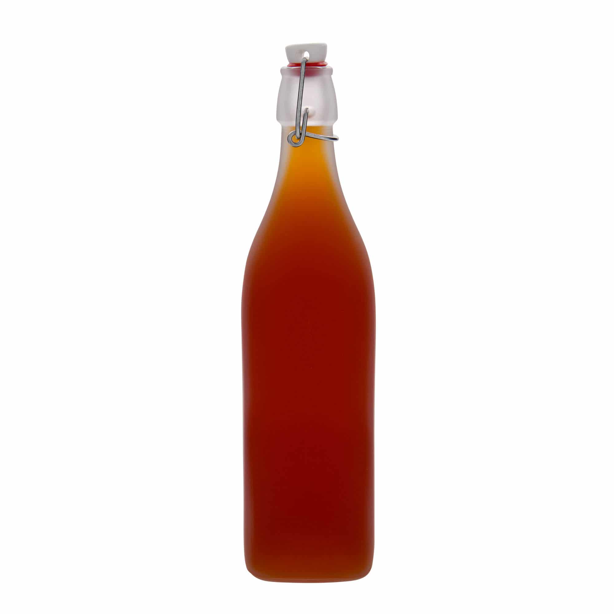 1 000 ml sklená fľaša „Swing, štvorcová, biela farba, hrdlo: strmeňový uzáver