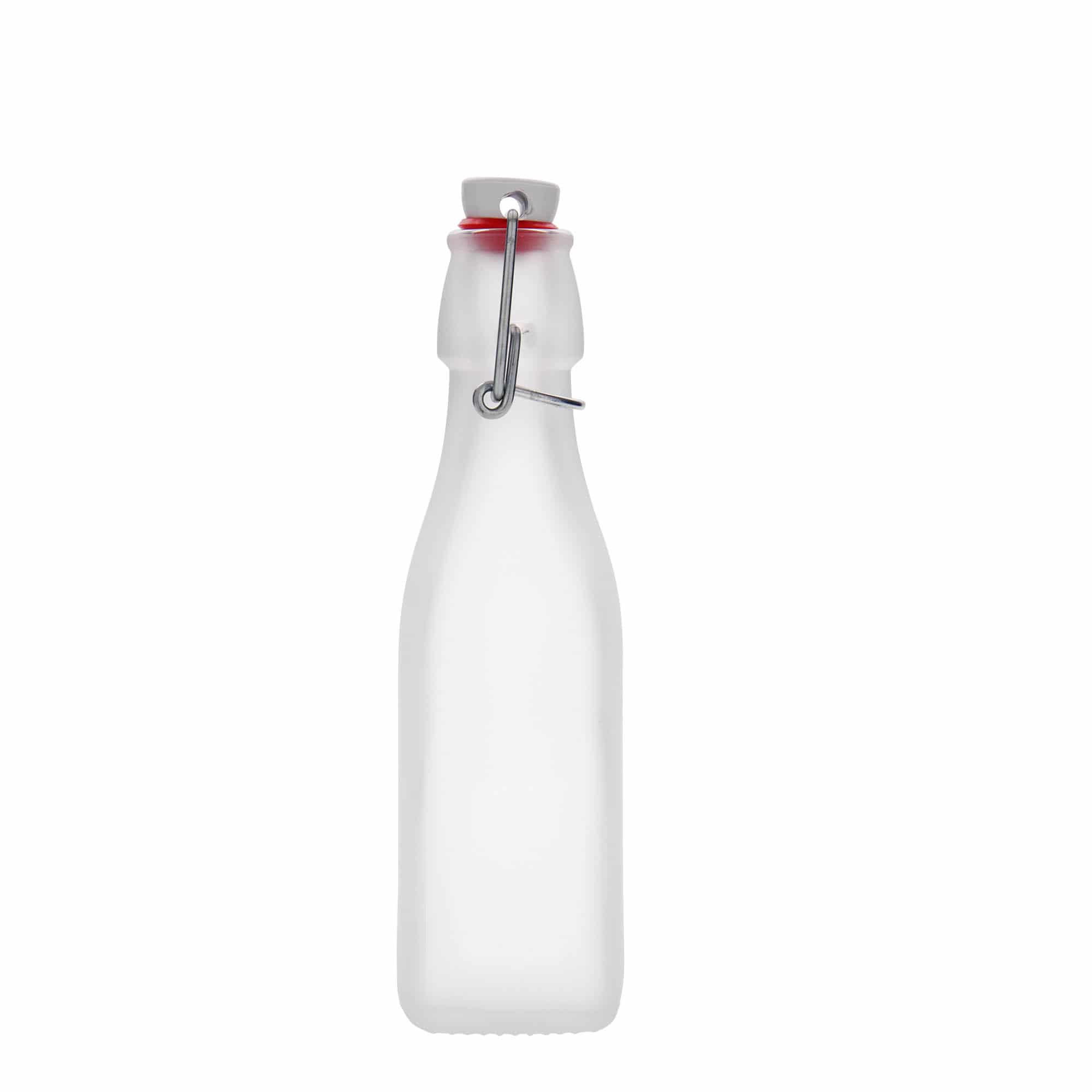 250 ml sklená fľaša „Swing, štvorcová, biela farba, hrdlo: strmeňový uzáver