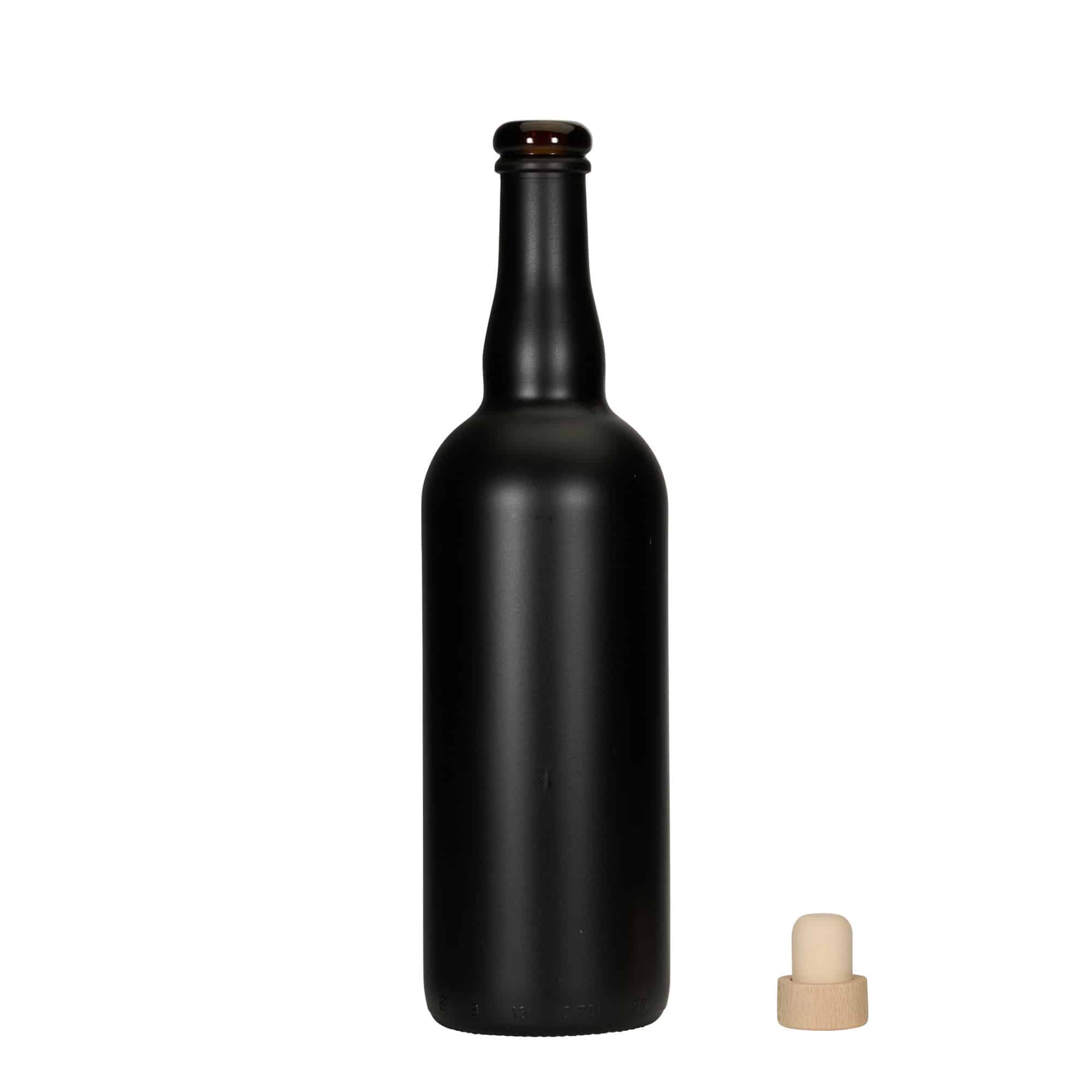 750 ml pivová fľaša Belgicko, sklo, čierna, hrdlo: korok
