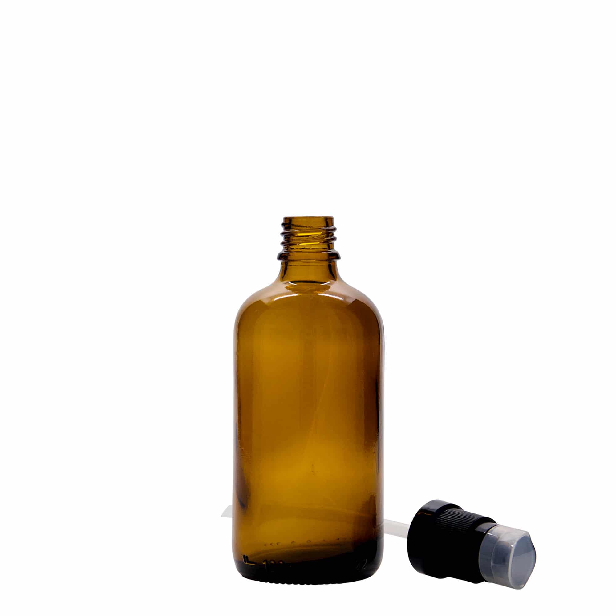 100 ml liekovka s pumpičkou, sklená, hnedá farba, hrdlo: DIN 18