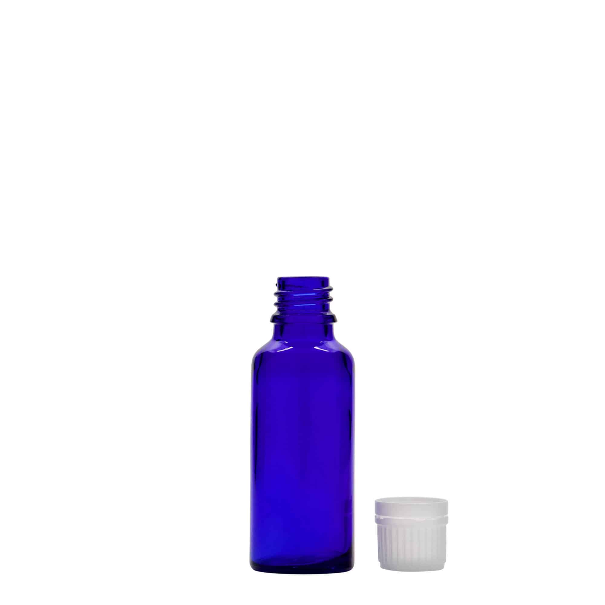 30 ml liekovka, sklená, kráľovská modrá farba, hrdlo: DIN 18
